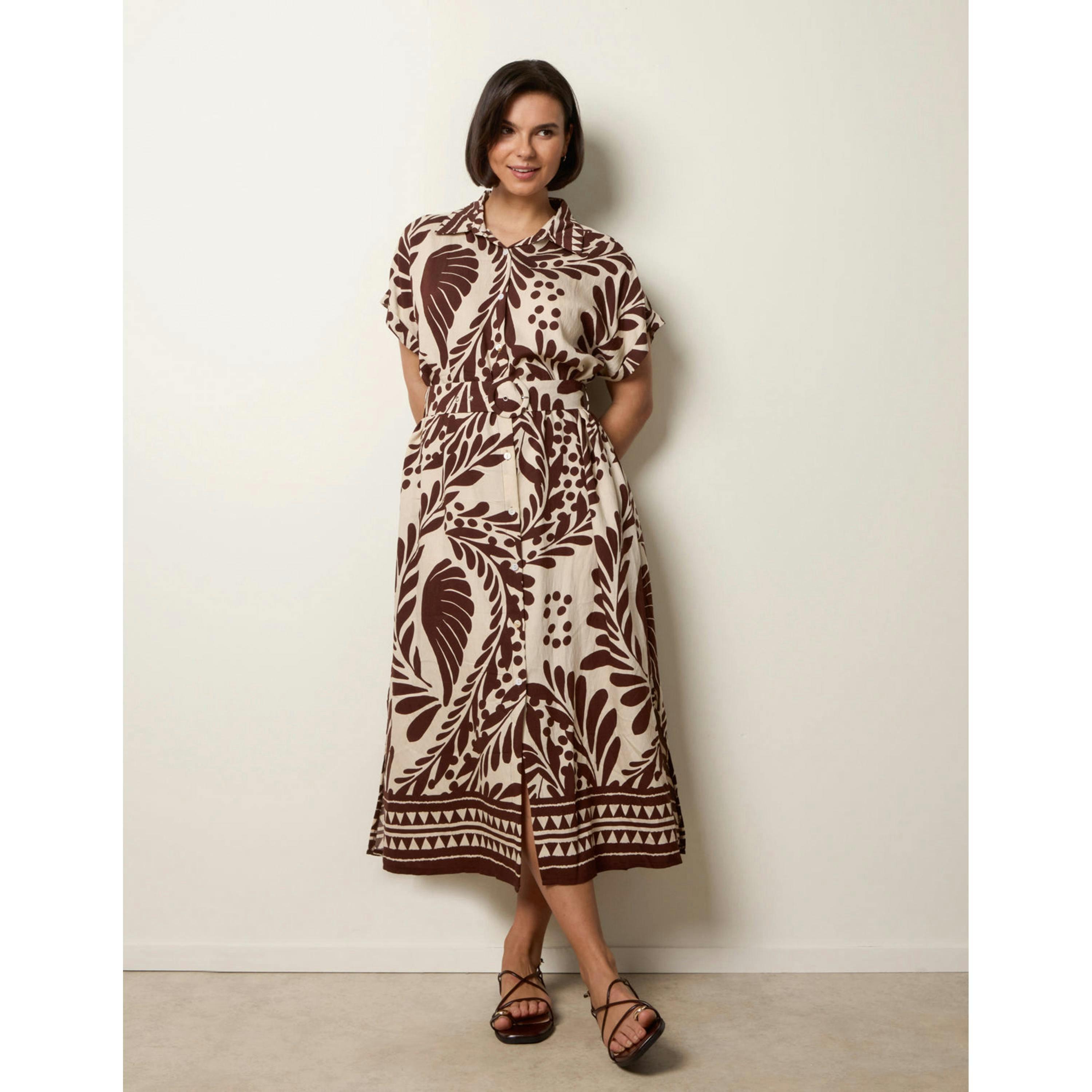 Blue Vanilla Tropical Leaf Print Belted Shirt Dress   in  Brown , view 1 of 4