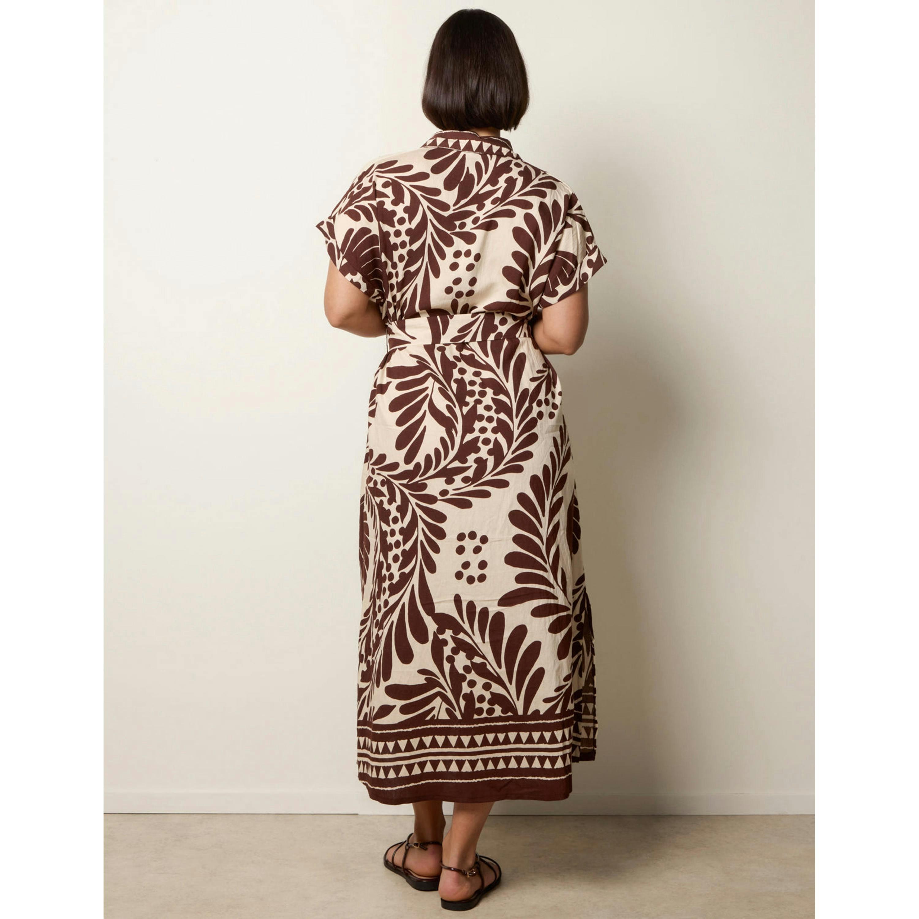 Blue Vanilla Tropical Leaf Print Belted Shirt Dress  in Brown , view 2 of 4