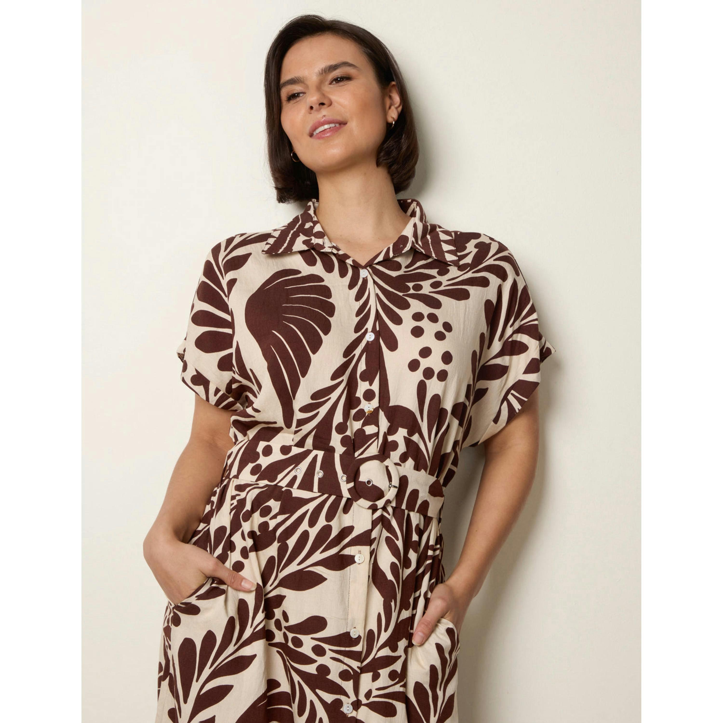 Blue Vanilla Tropical Leaf Print Belted Shirt Dress  in Brown , view 3 of 4