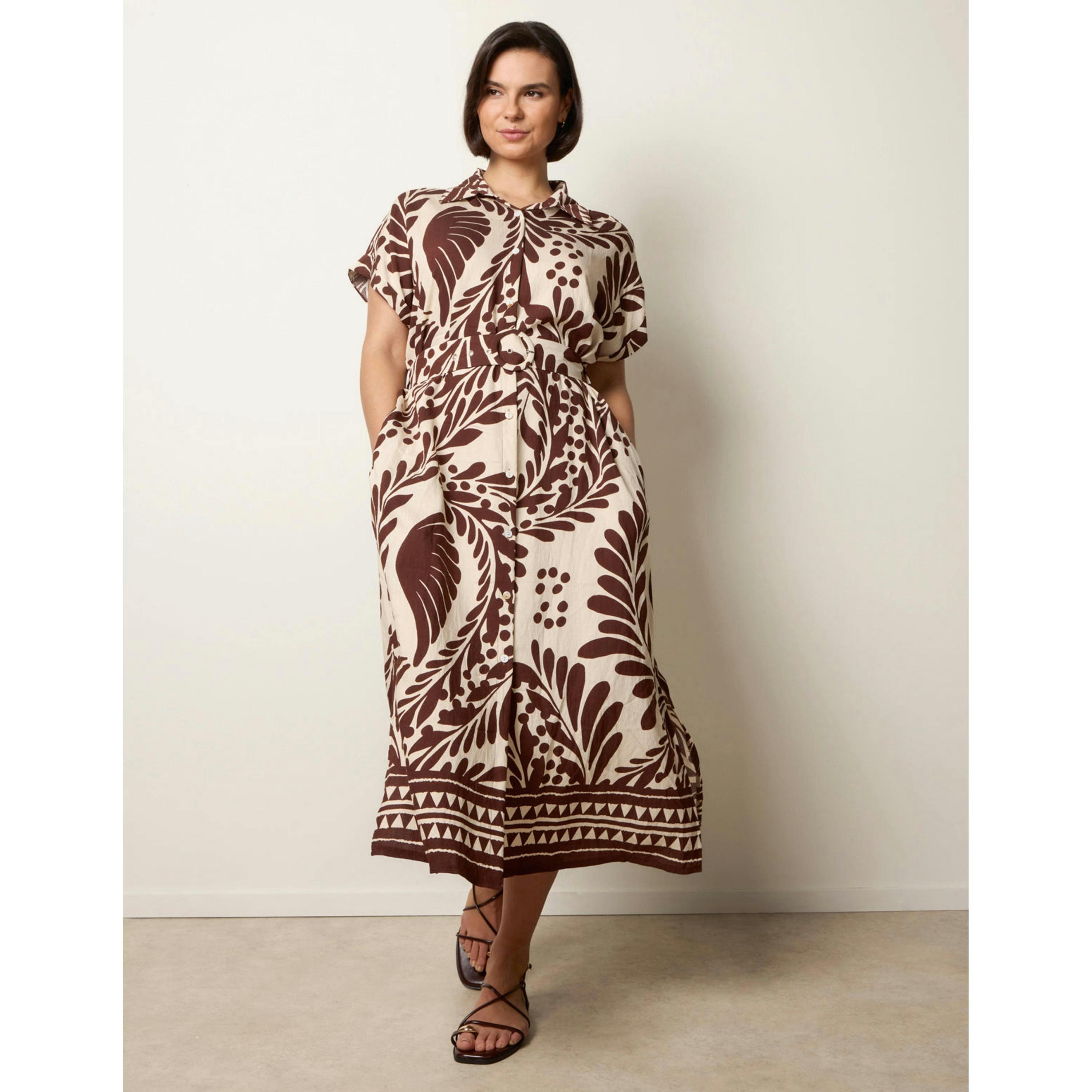 Blue Vanilla Tropical Leaf Print Belted Shirt Dress  in Brown , view 4 of 4