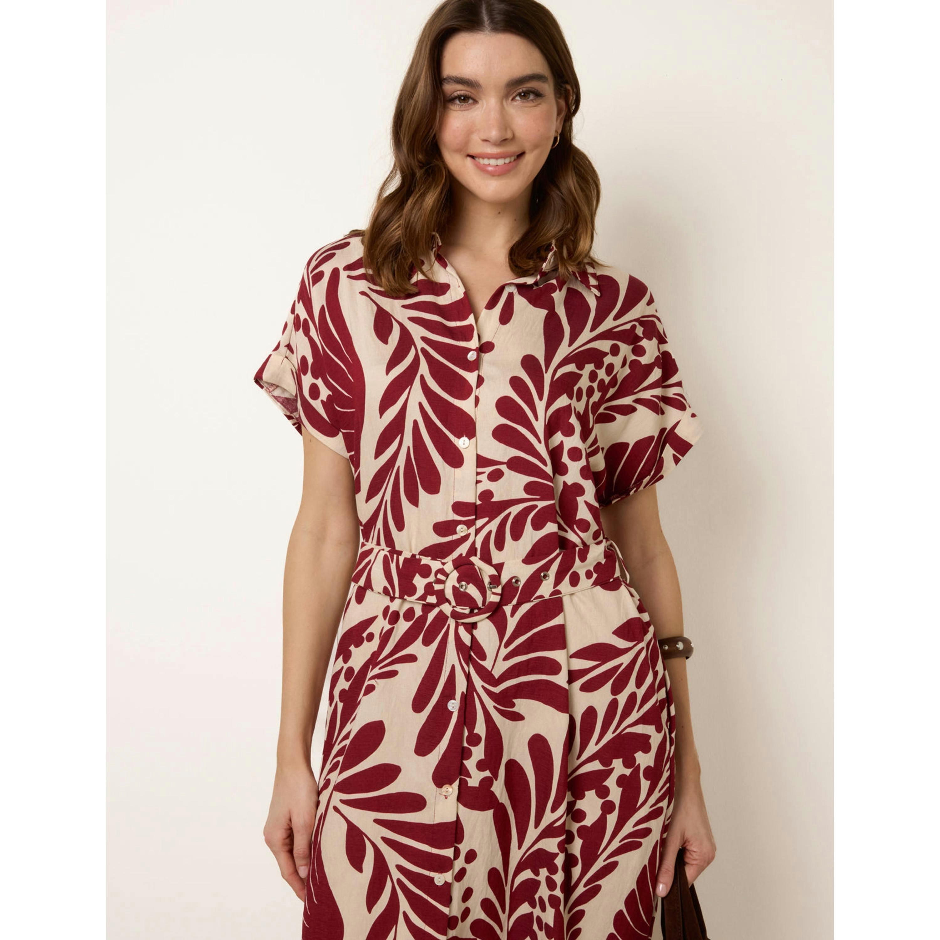 Blue Vanilla Tropical Leaf Print Belted Shirt Dress   in  Wine , view 1 of 4