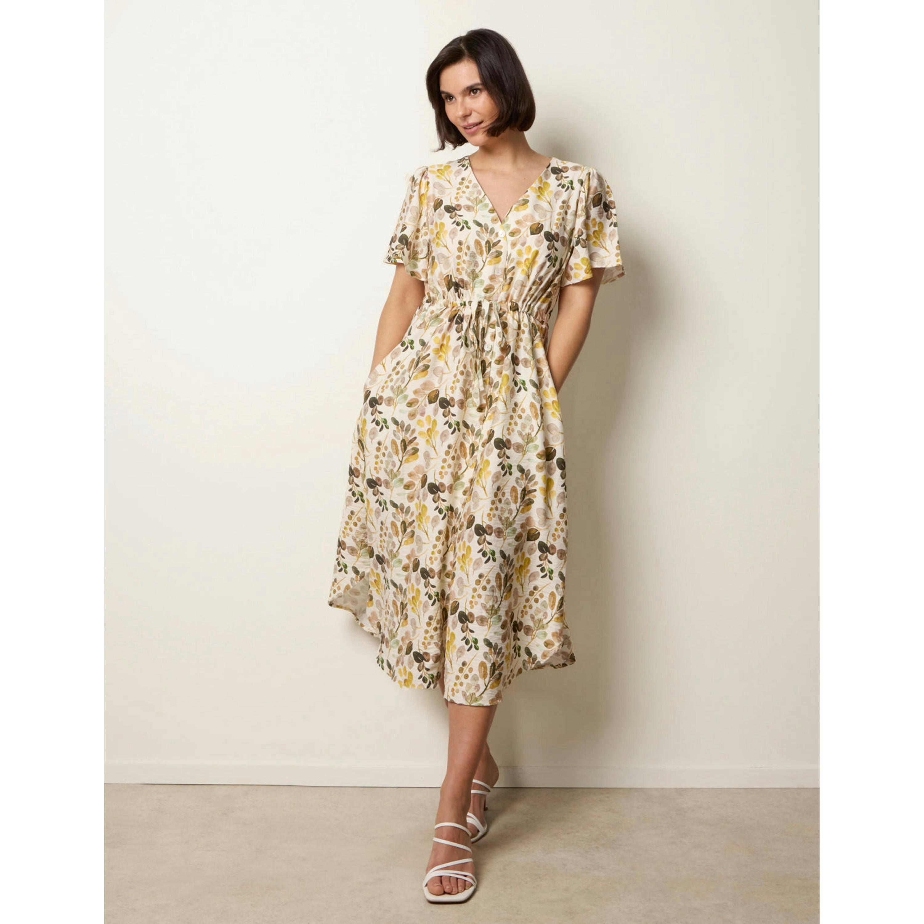 Blue Vanilla Leaf Print Tie Waist Shirt Midi Dress   in  Beige , view 1 of 4