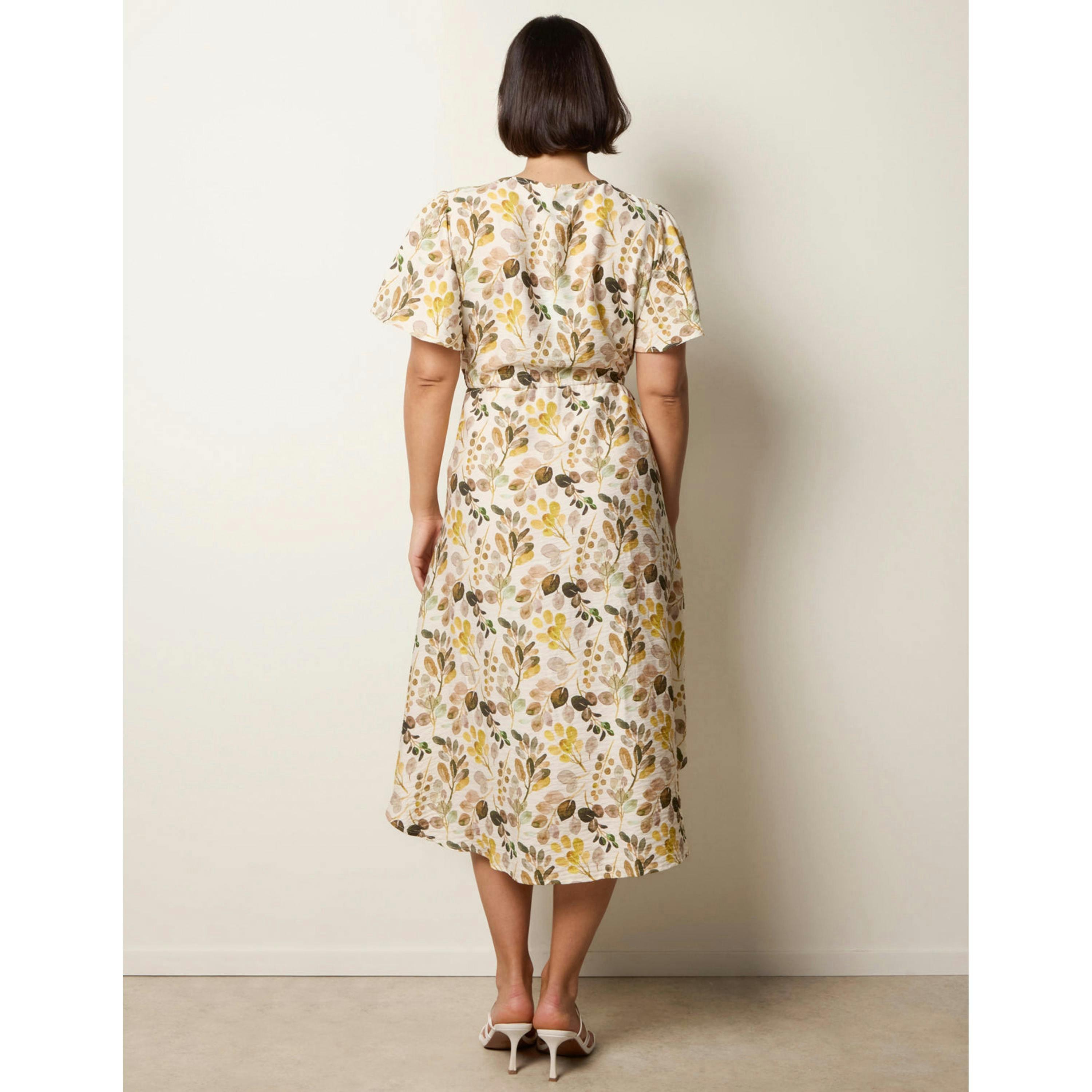 Blue Vanilla Leaf Print Tie Waist Shirt Midi Dress  in Beige , view 2 of 4