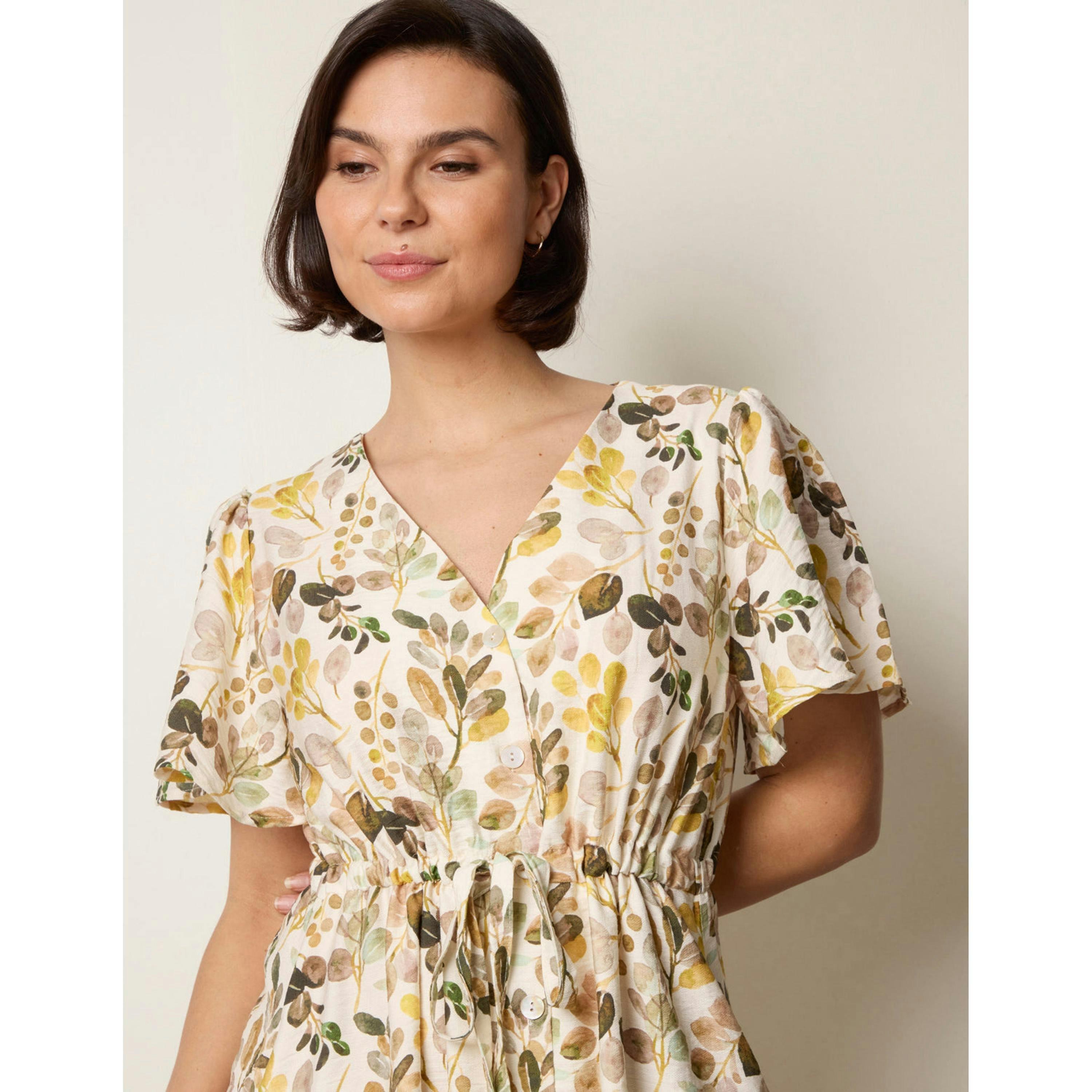 Blue Vanilla Leaf Print Tie Waist Shirt Midi Dress  in Beige , view 3 of 4
