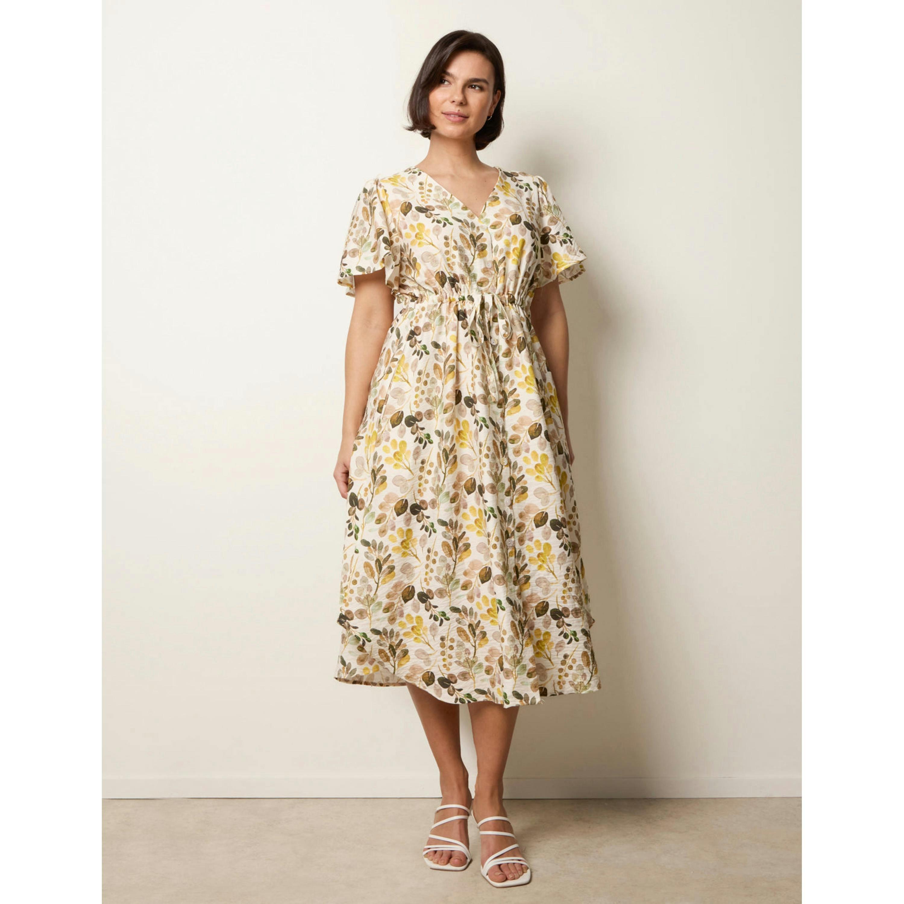 Blue Vanilla Leaf Print Tie Waist Shirt Midi Dress  in Beige , view 4 of 4