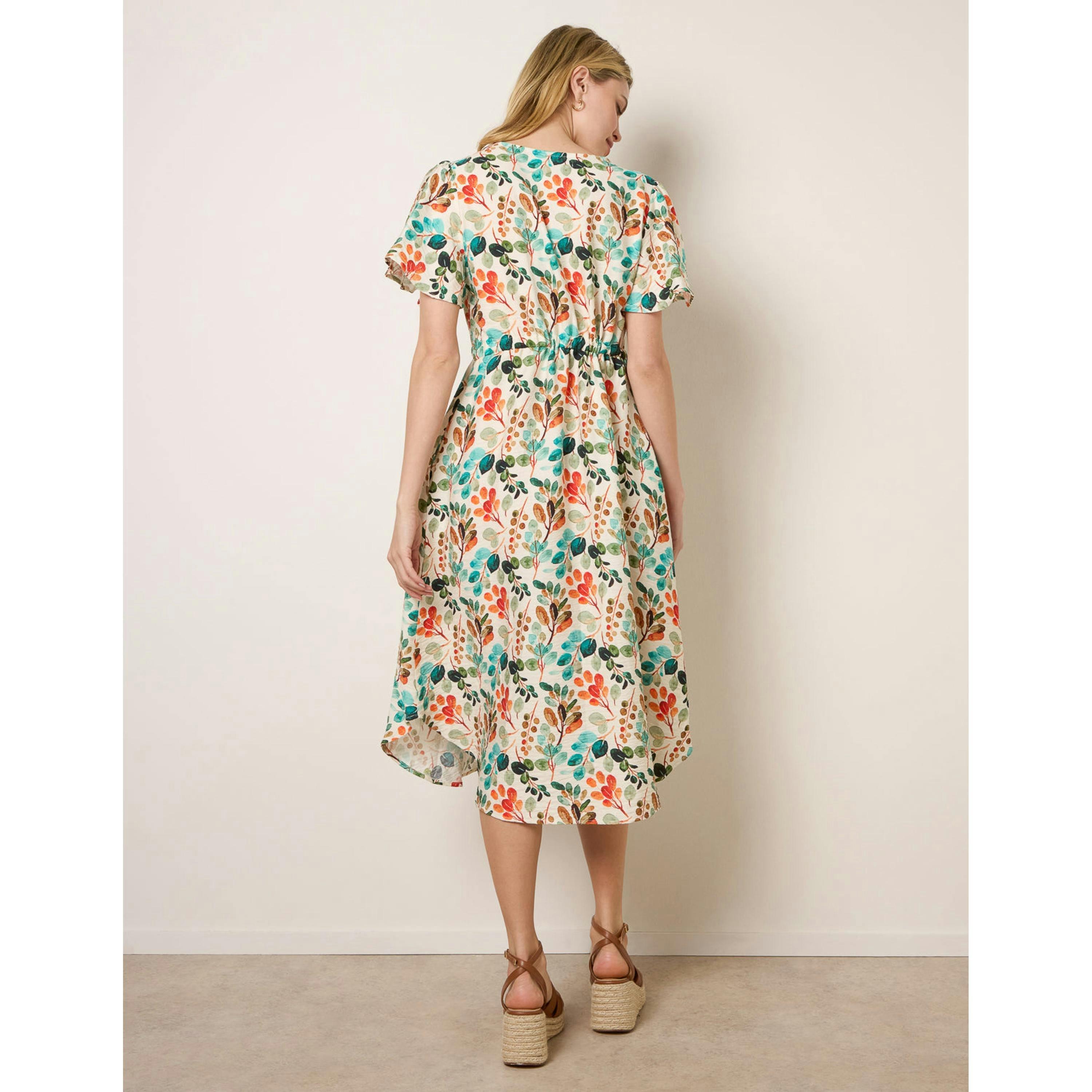 Blue Vanilla Leaf Print Tie Waist Shirt Midi Dress  in Beige , view 2 of 4