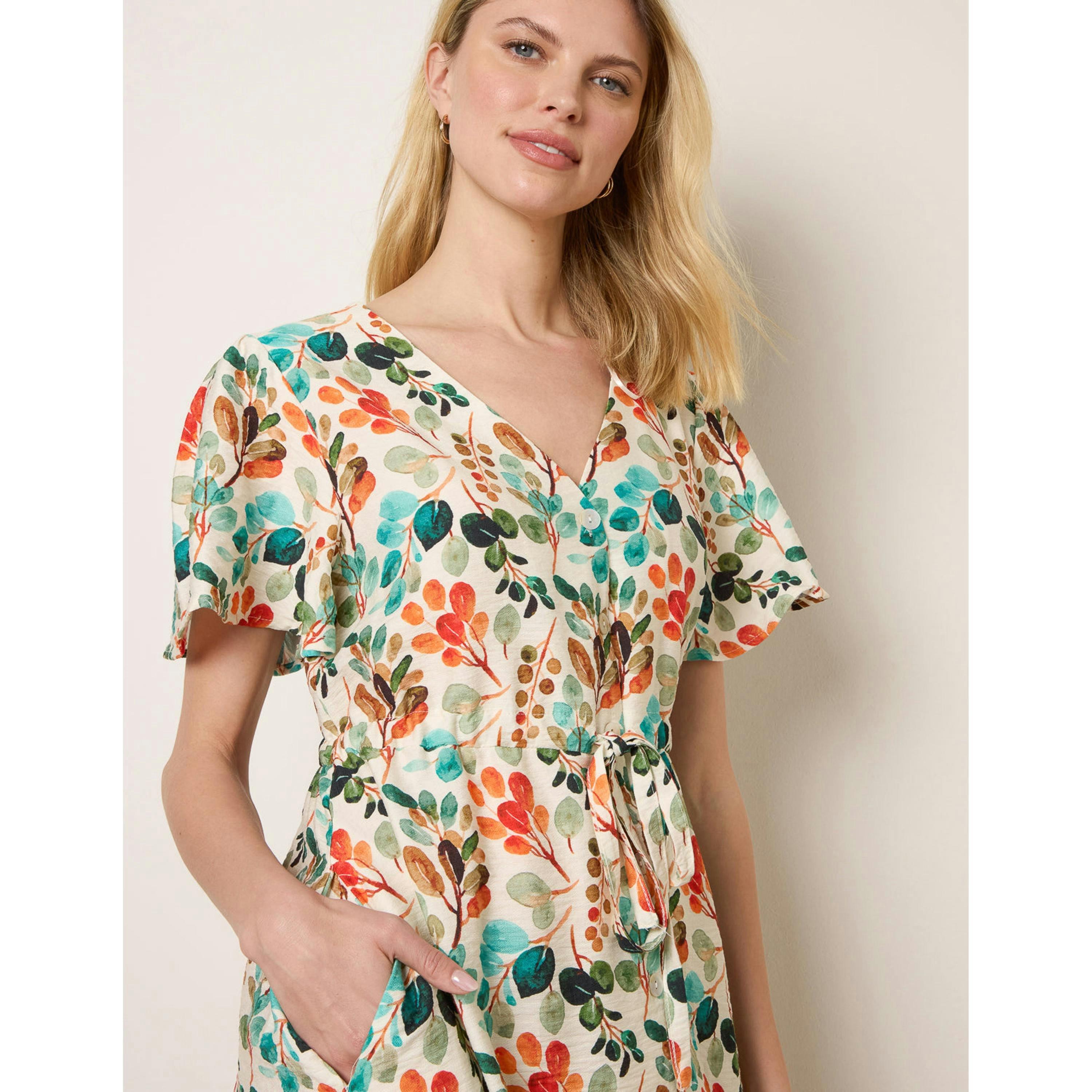 Blue Vanilla Leaf Print Tie Waist Shirt Midi Dress  in Beige , view 3 of 4