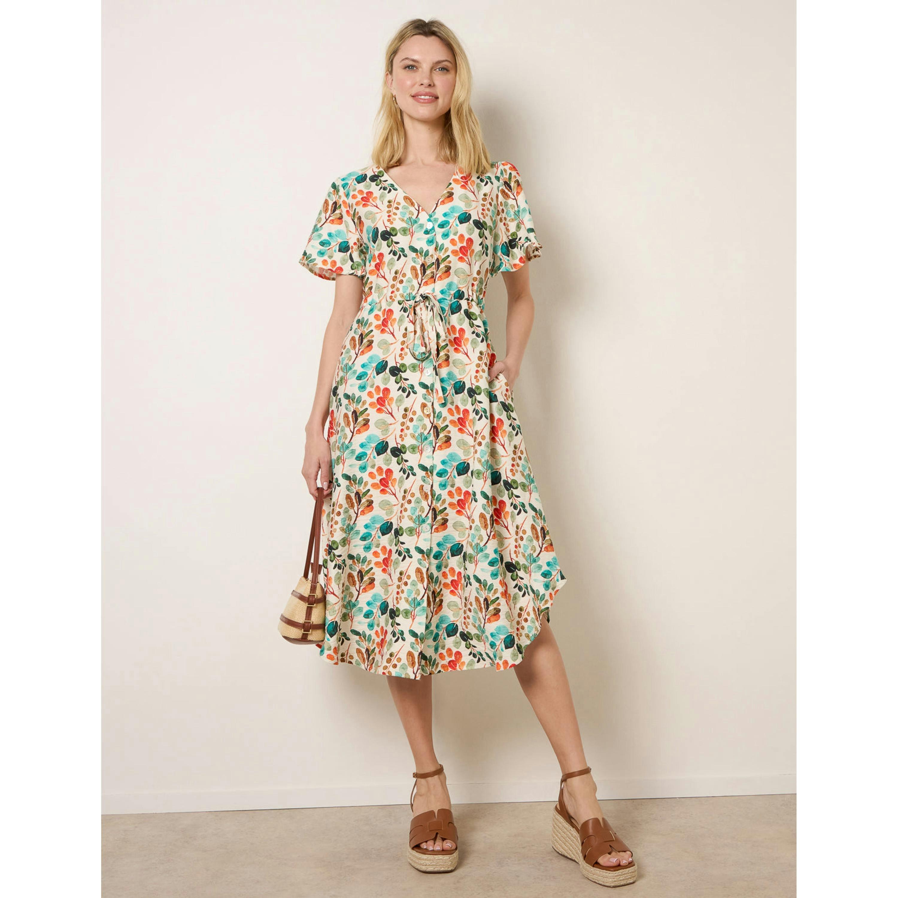Blue Vanilla Leaf Print Tie Waist Shirt Midi Dress  in Beige , view 4 of 4