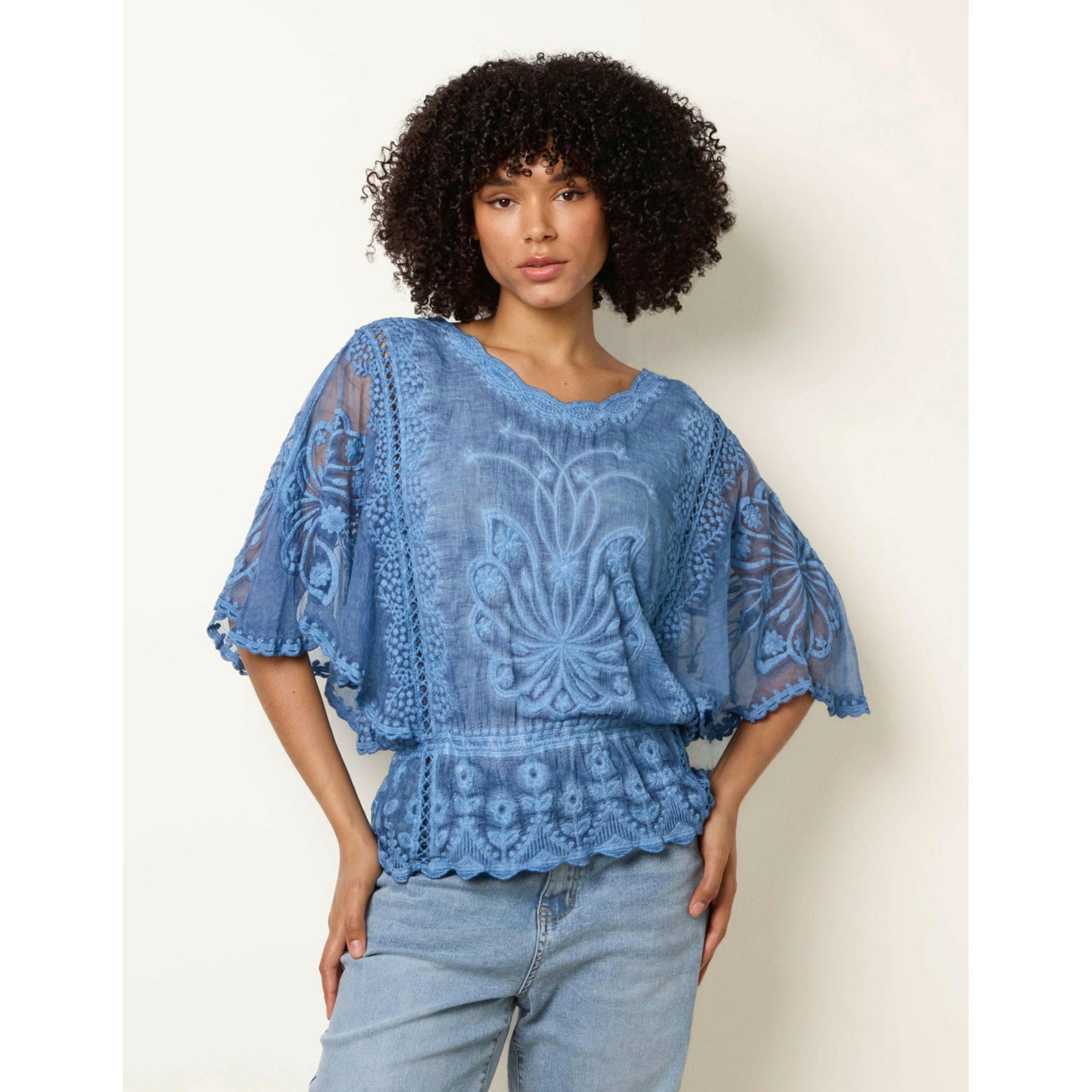 Blue Vanilla Floral Lace Butterfly Sleeve Blouse  in Blue , view 1 of 4