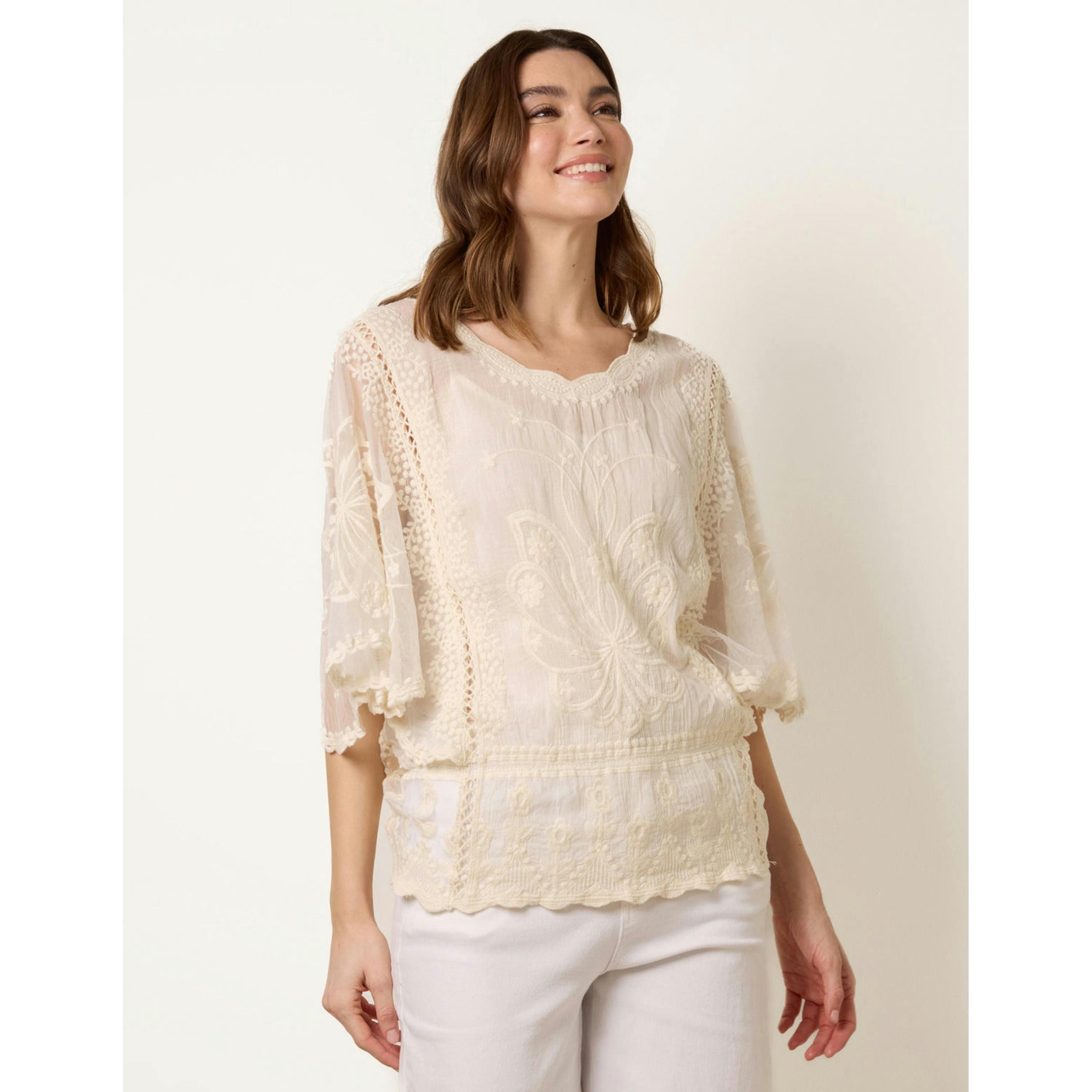 Blue Vanilla Floral Lace Butterfly Sleeve Blouse   in  Stone , view 1 of 4