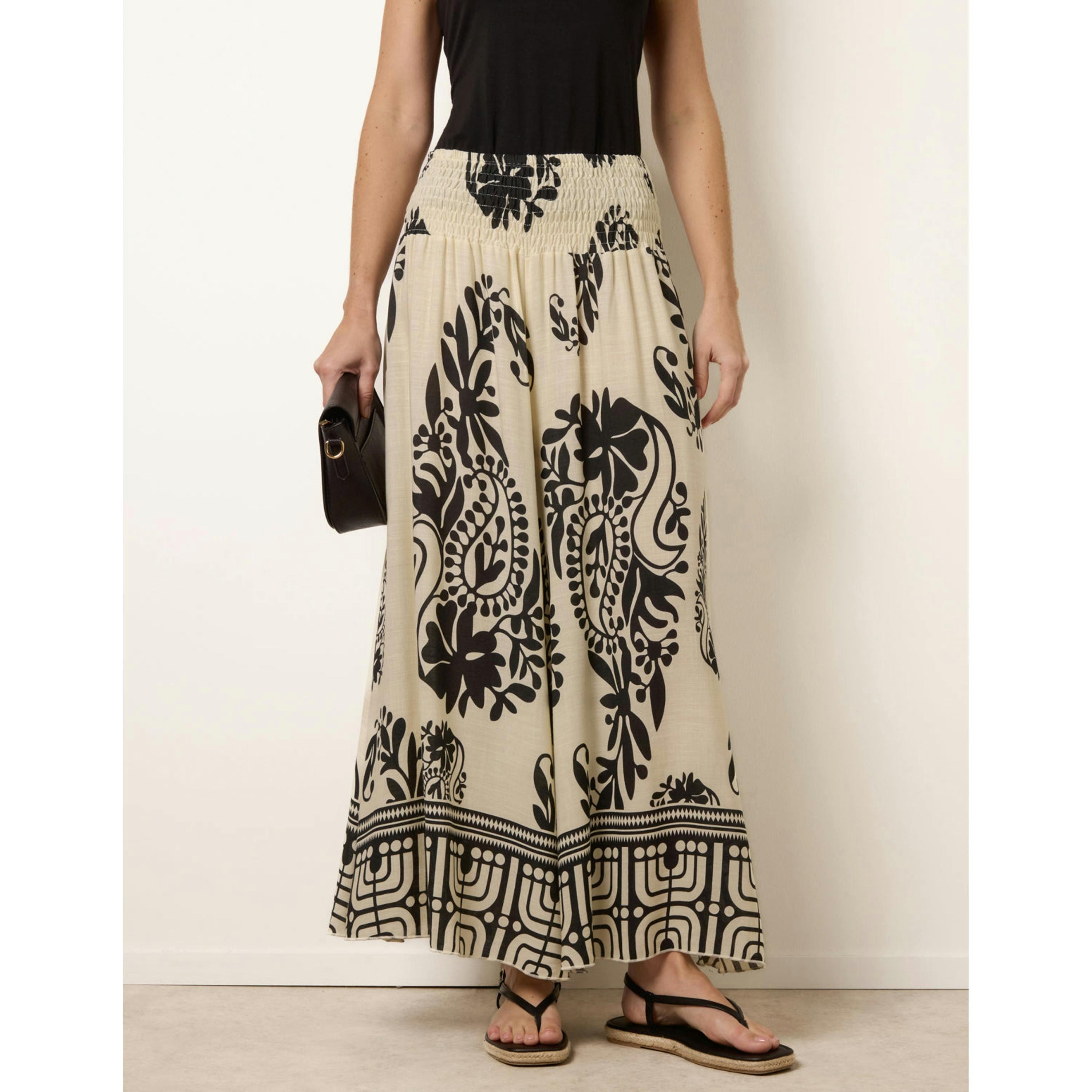 Blue Vanilla Extra Wide Leg Trousers With Paisley Floral Block Print   in  Ivory , view 1 of 4
