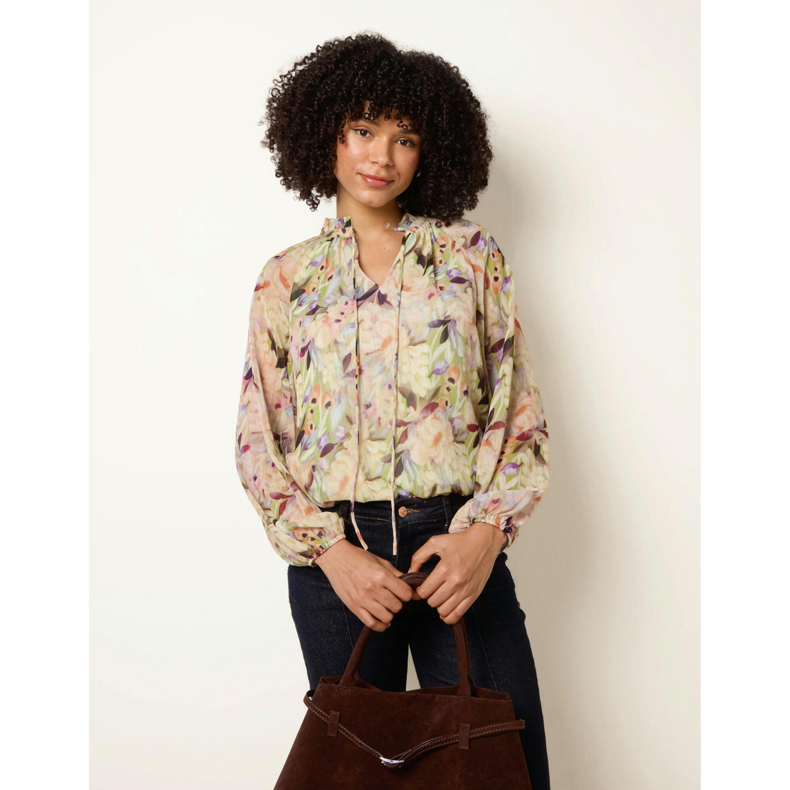 Blue Vanilla Watercolour Floral Printed Tie Front Blouse   in  Green , view 1 of 4