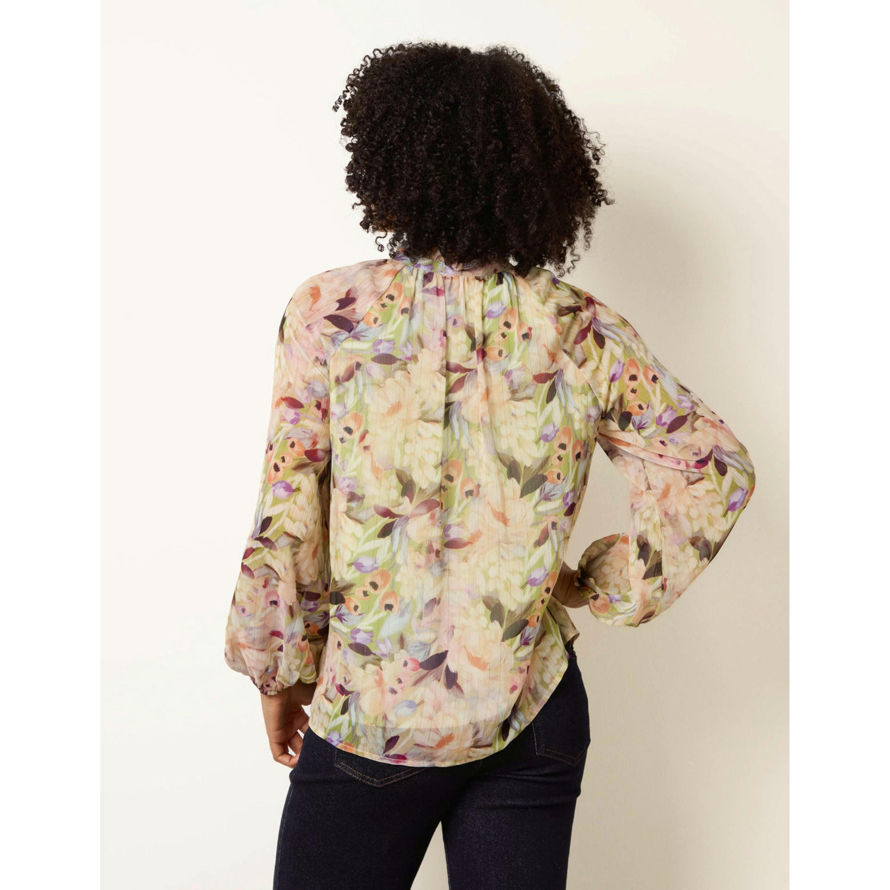 Blue Vanilla Watercolour Floral Printed Tie Front Blouse  in Green , view 2 of 4