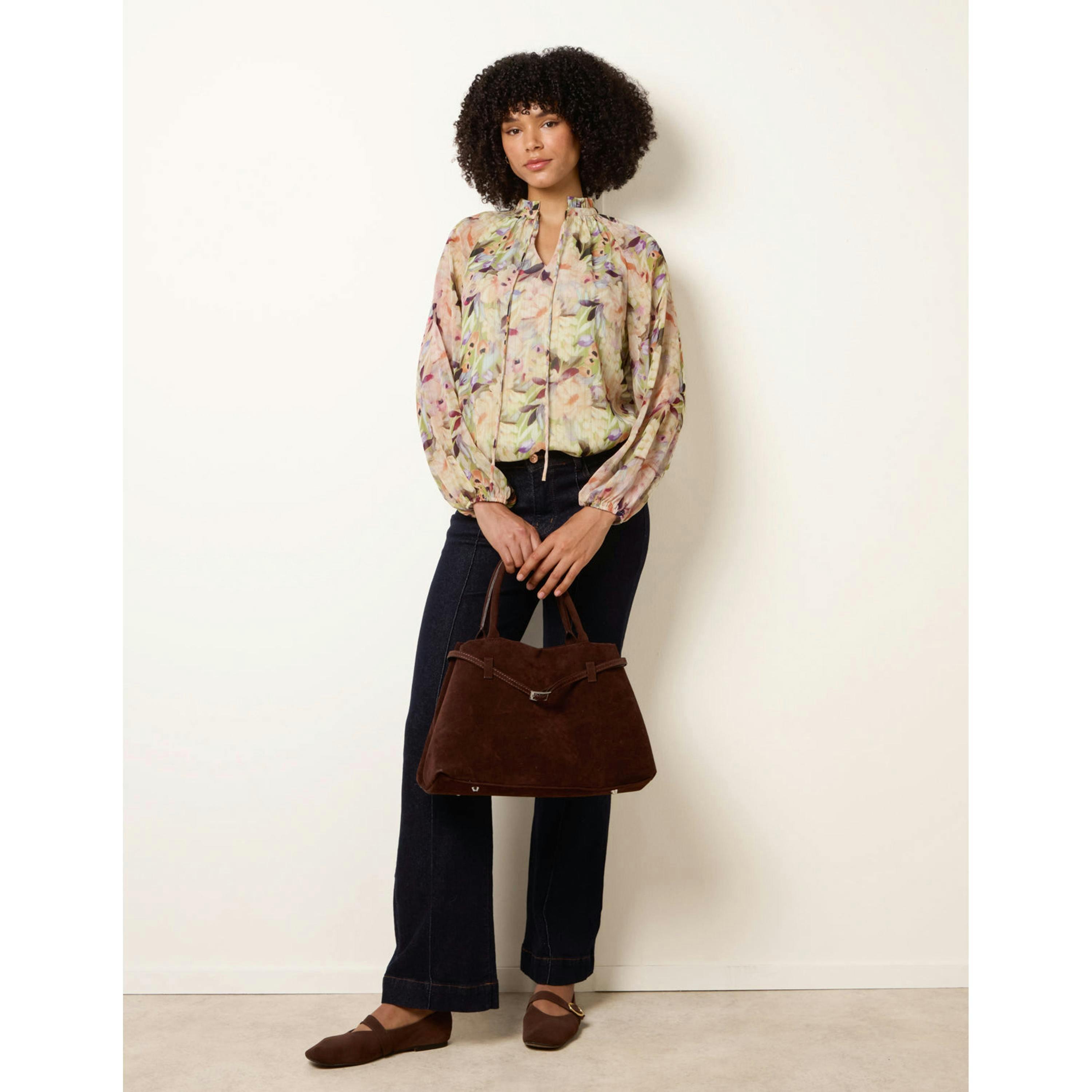 Blue Vanilla Watercolour Floral Printed Tie Front Blouse  in Green , view 3 of 4