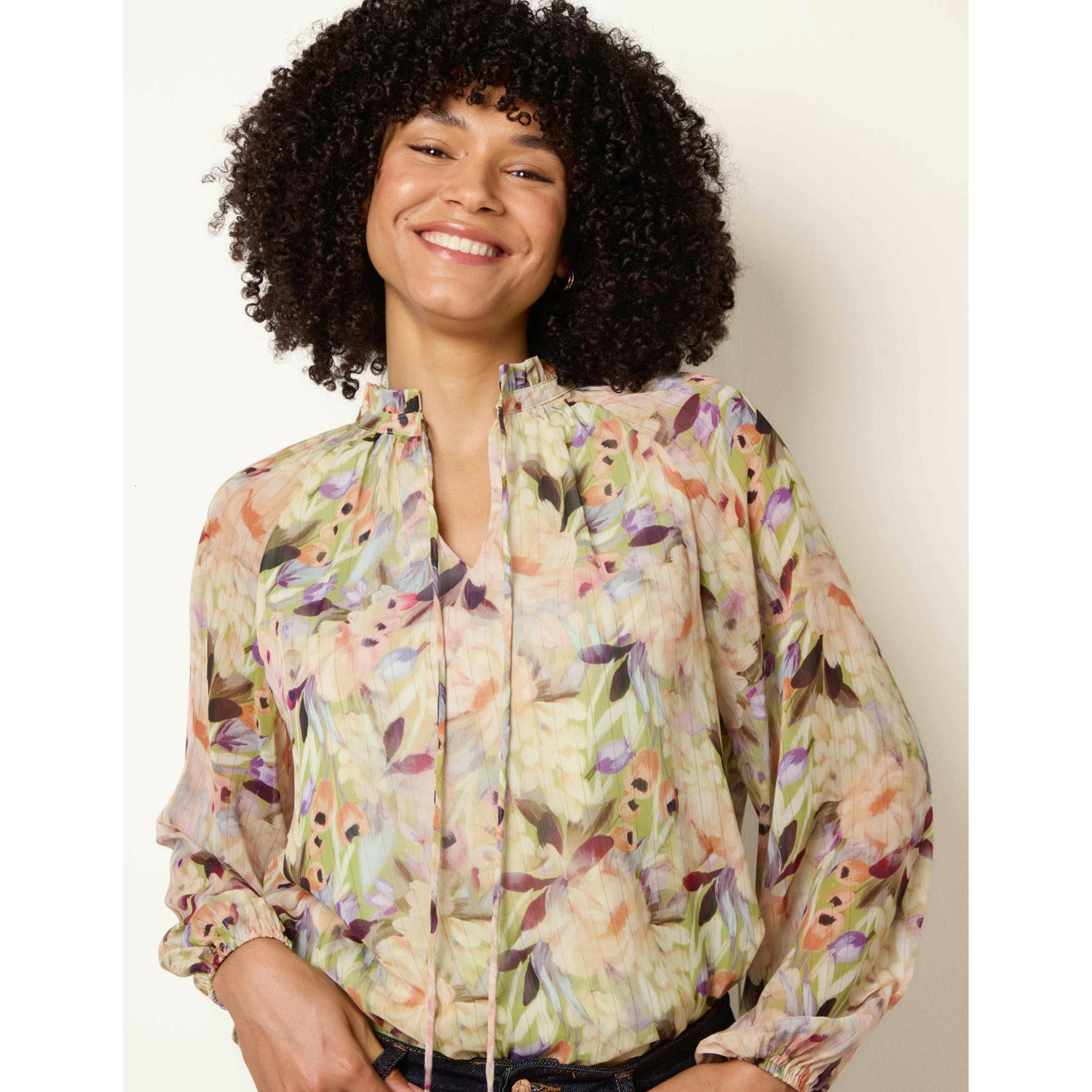 Blue Vanilla Watercolour Floral Printed Tie Front Blouse  in Green , view 4 of 4