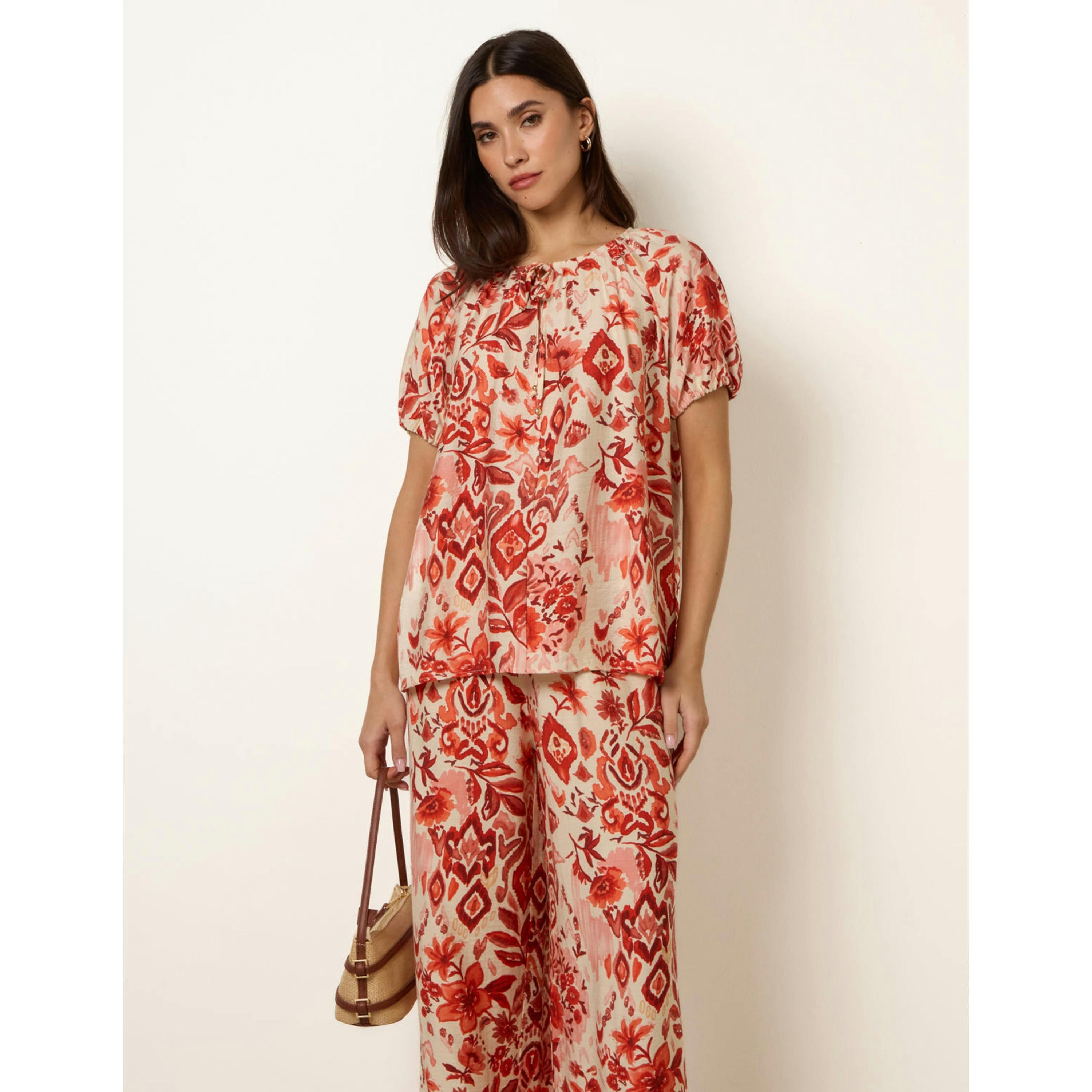 Blue Vanilla Watercolour Floral Print Elasticated Sleeve Top   in  Orange , view 1 of 6