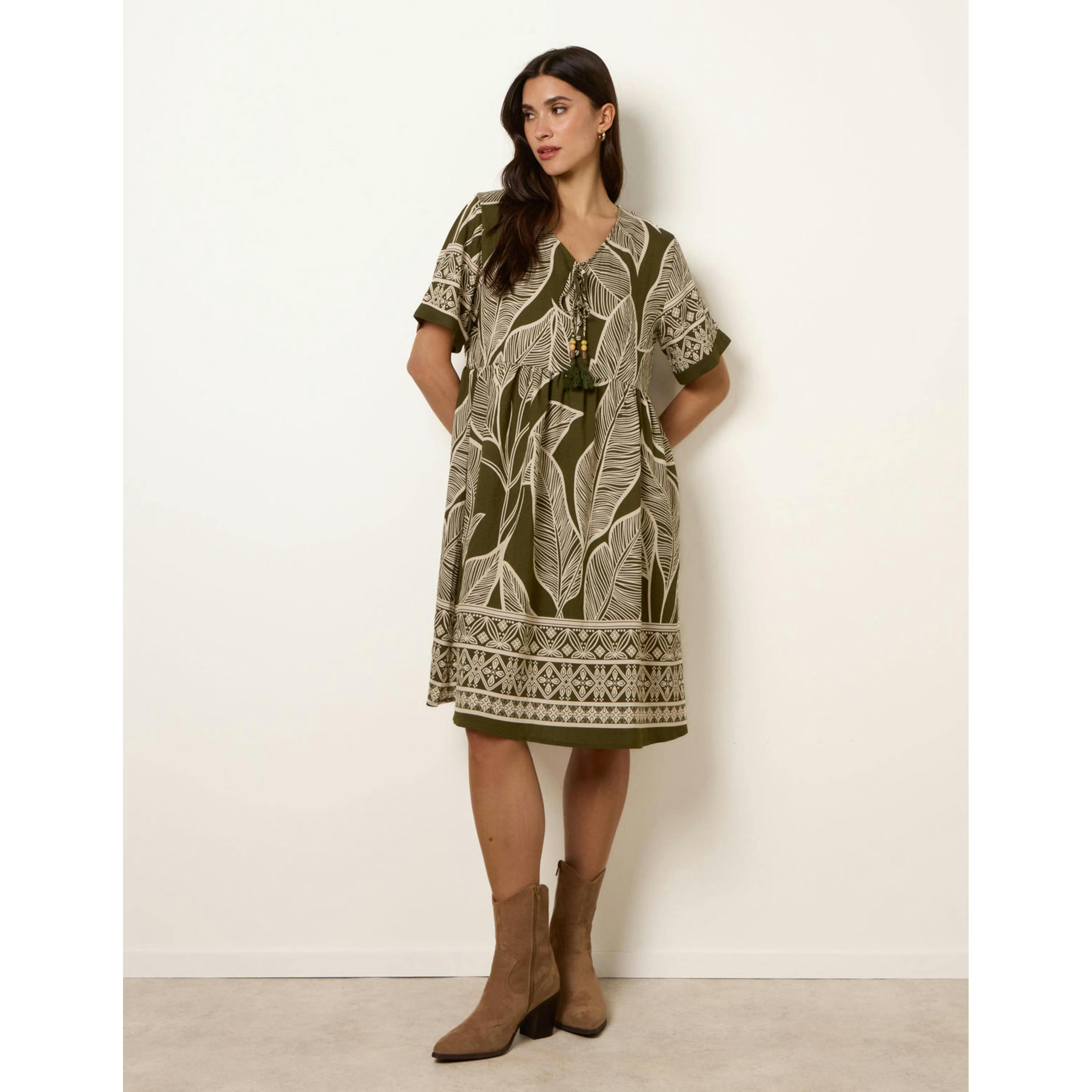 Blue Vanilla Dress With Tropical Leaf Print   in  Khaki , view 1 of 4