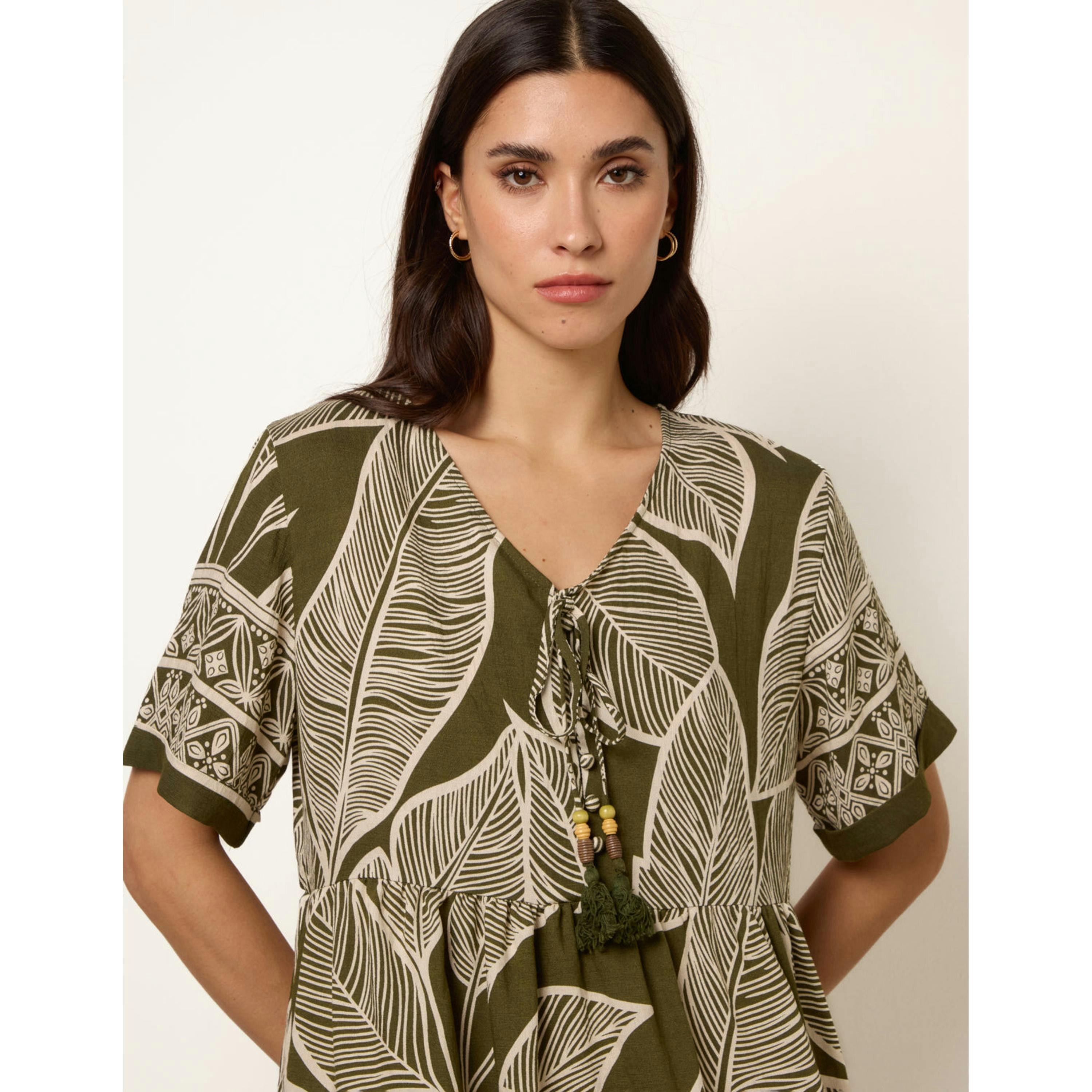 Blue Vanilla Dress With Tropical Leaf Print  in Khaki , view 2 of 4
