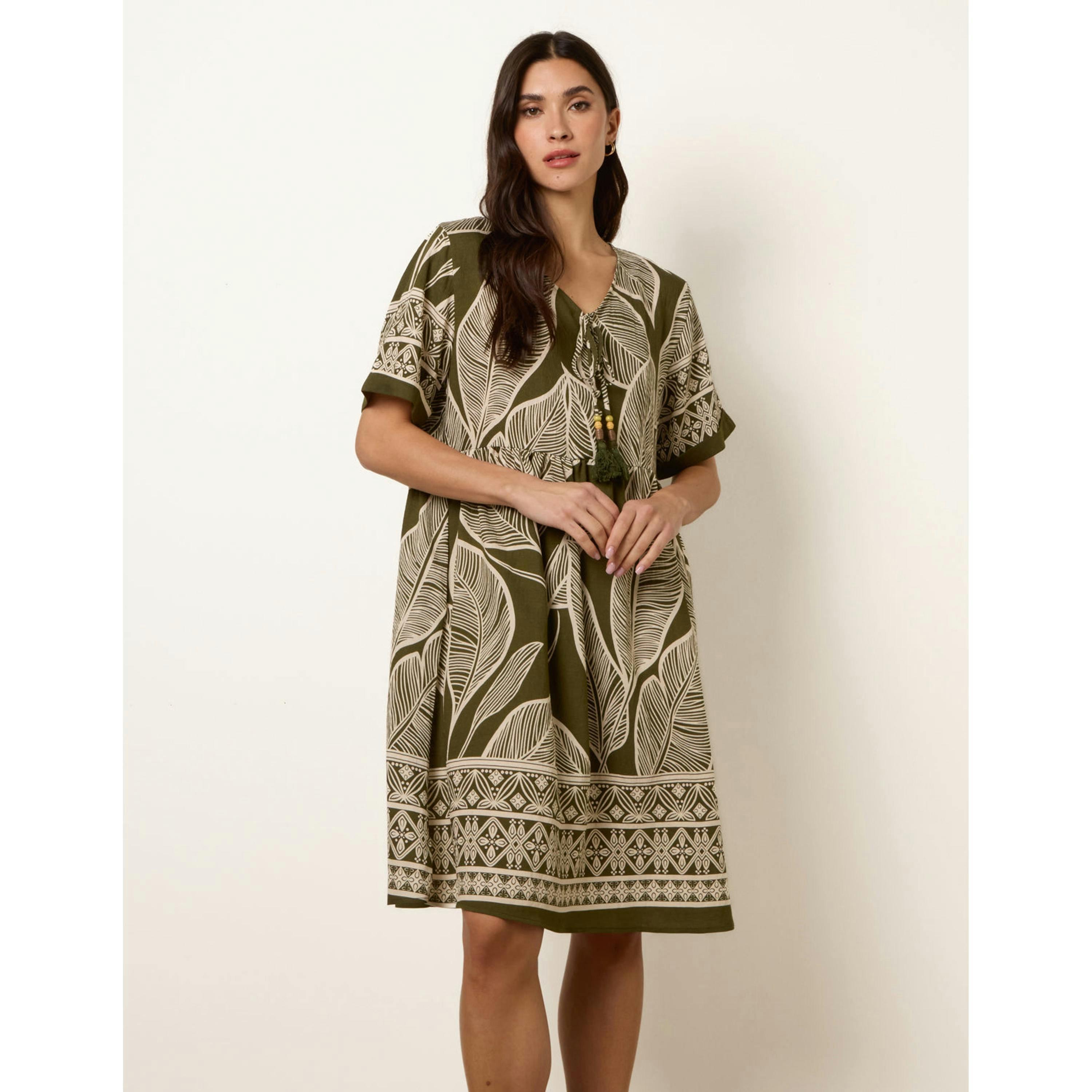 Blue Vanilla Dress With Tropical Leaf Print  in Khaki , view 3 of 4