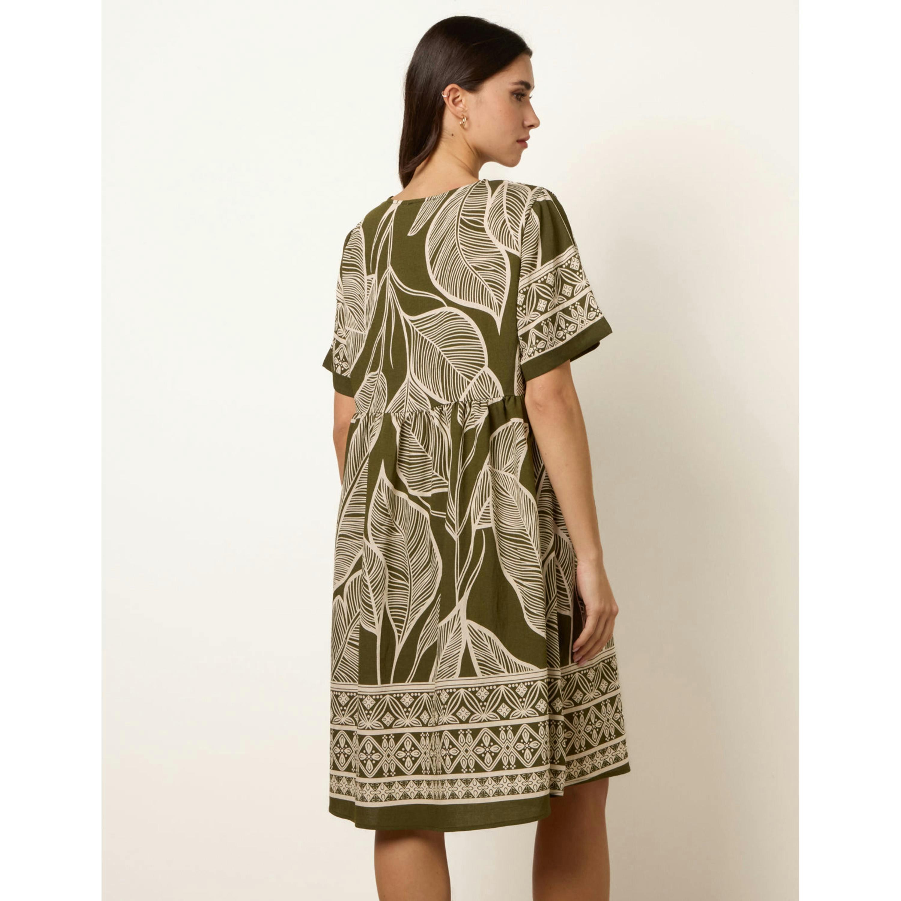 Blue Vanilla Dress With Tropical Leaf Print  in Khaki , view 4 of 4