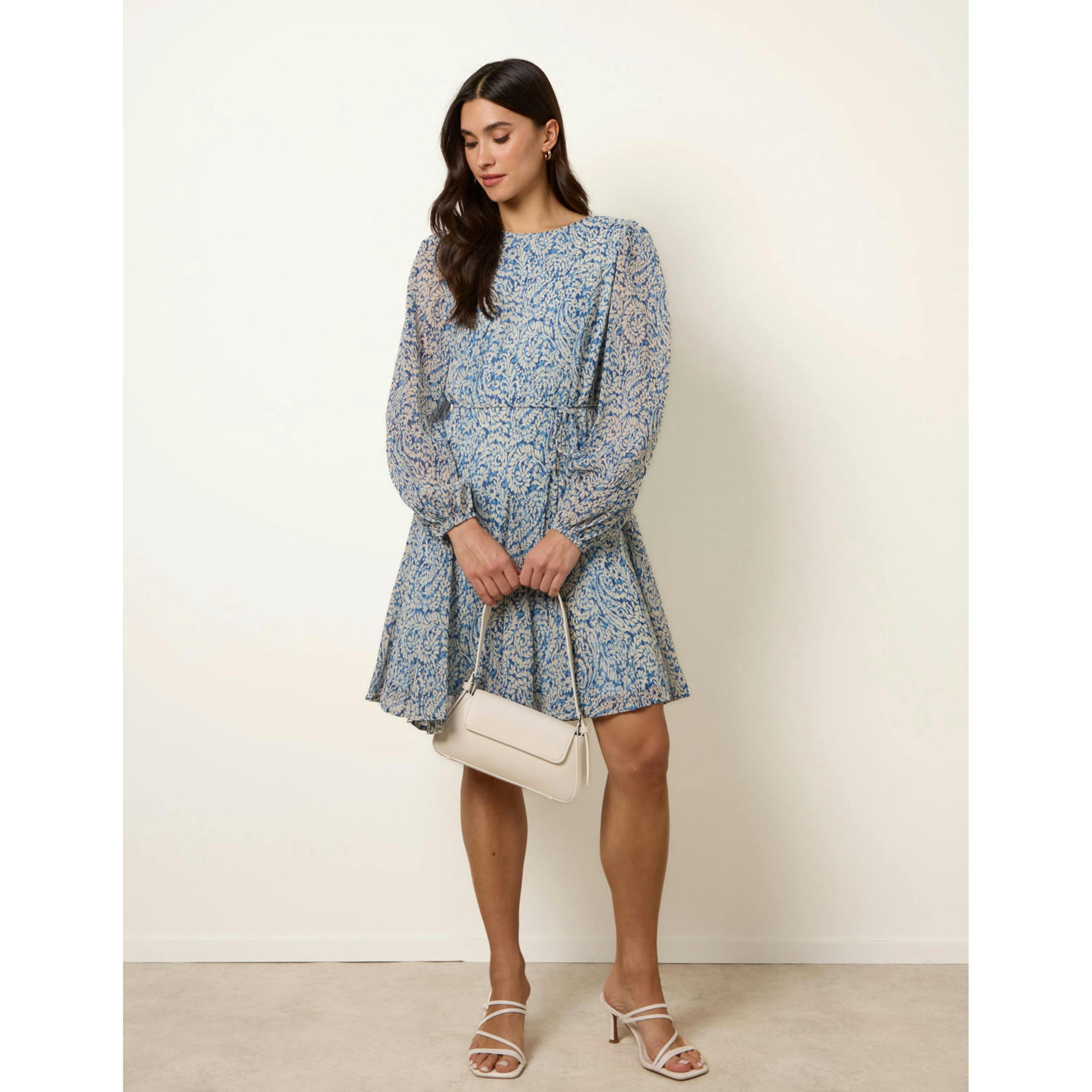 Blue Vanilla Puff Sleeve Godet Dress With Self Tie   in  Blue , view 1 of 4