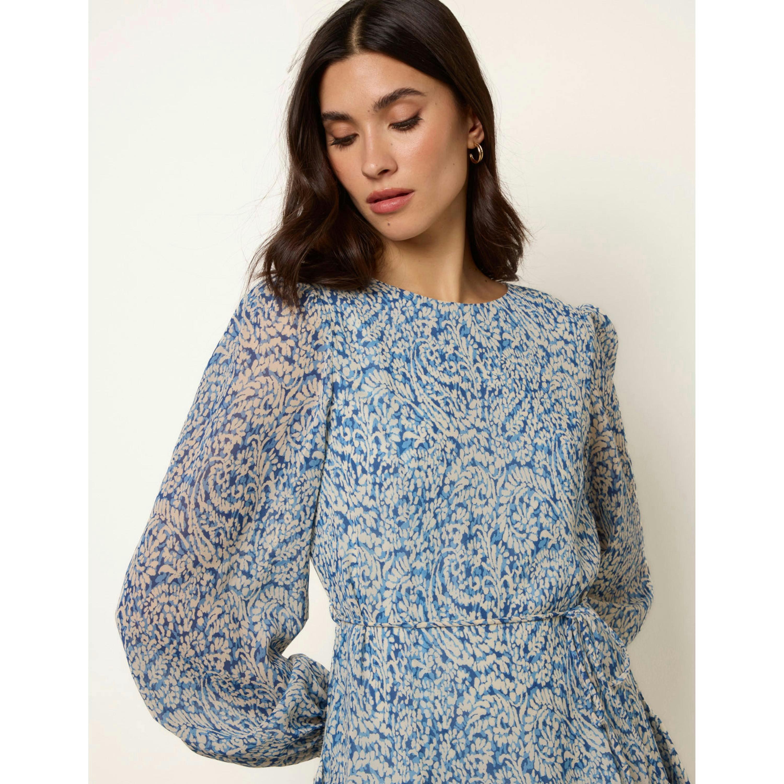 Blue Vanilla Puff Sleeve Godet Dress With Self Tie  in Blue , view 2 of 4