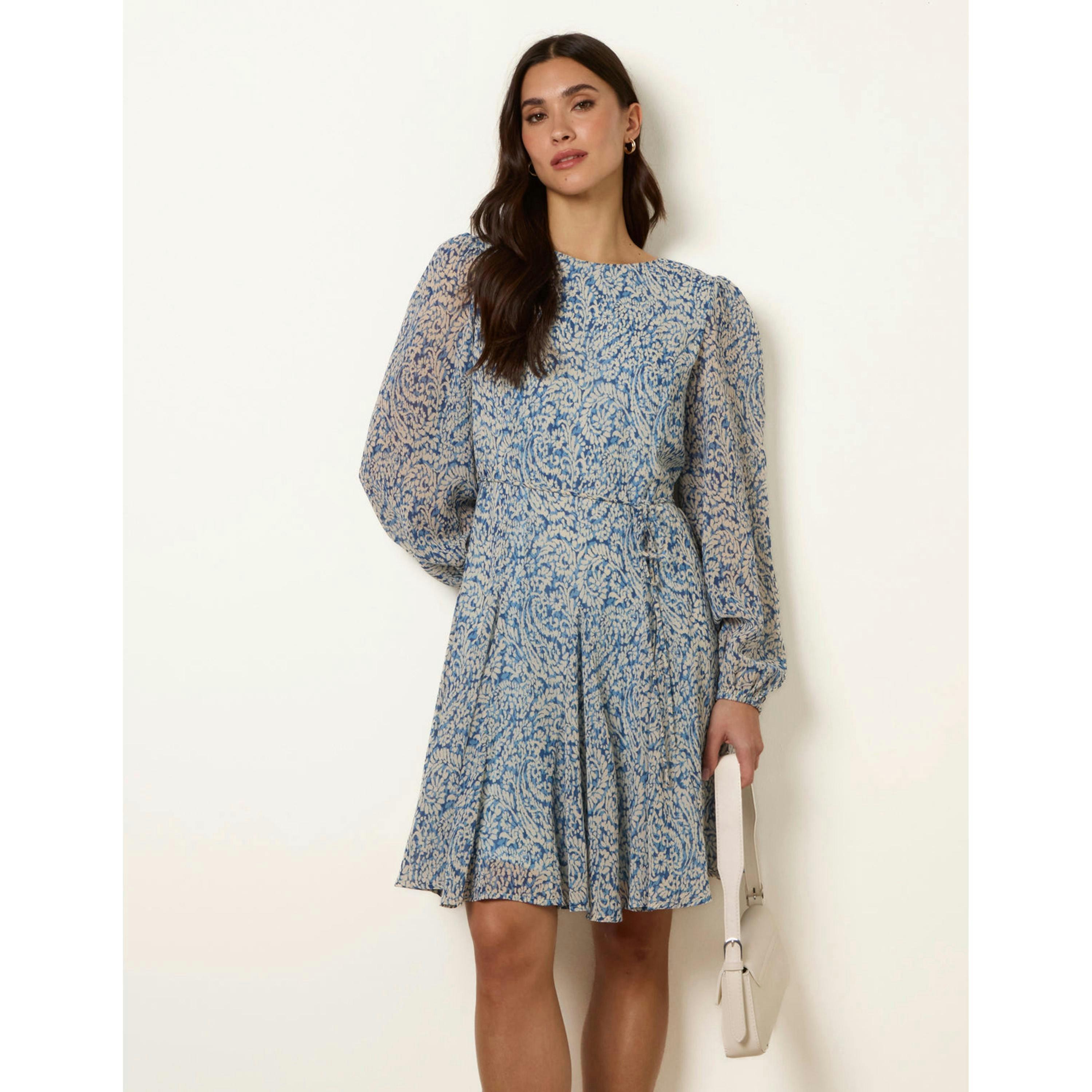 Blue Vanilla Puff Sleeve Godet Dress With Self Tie  in Blue , view 3 of 4