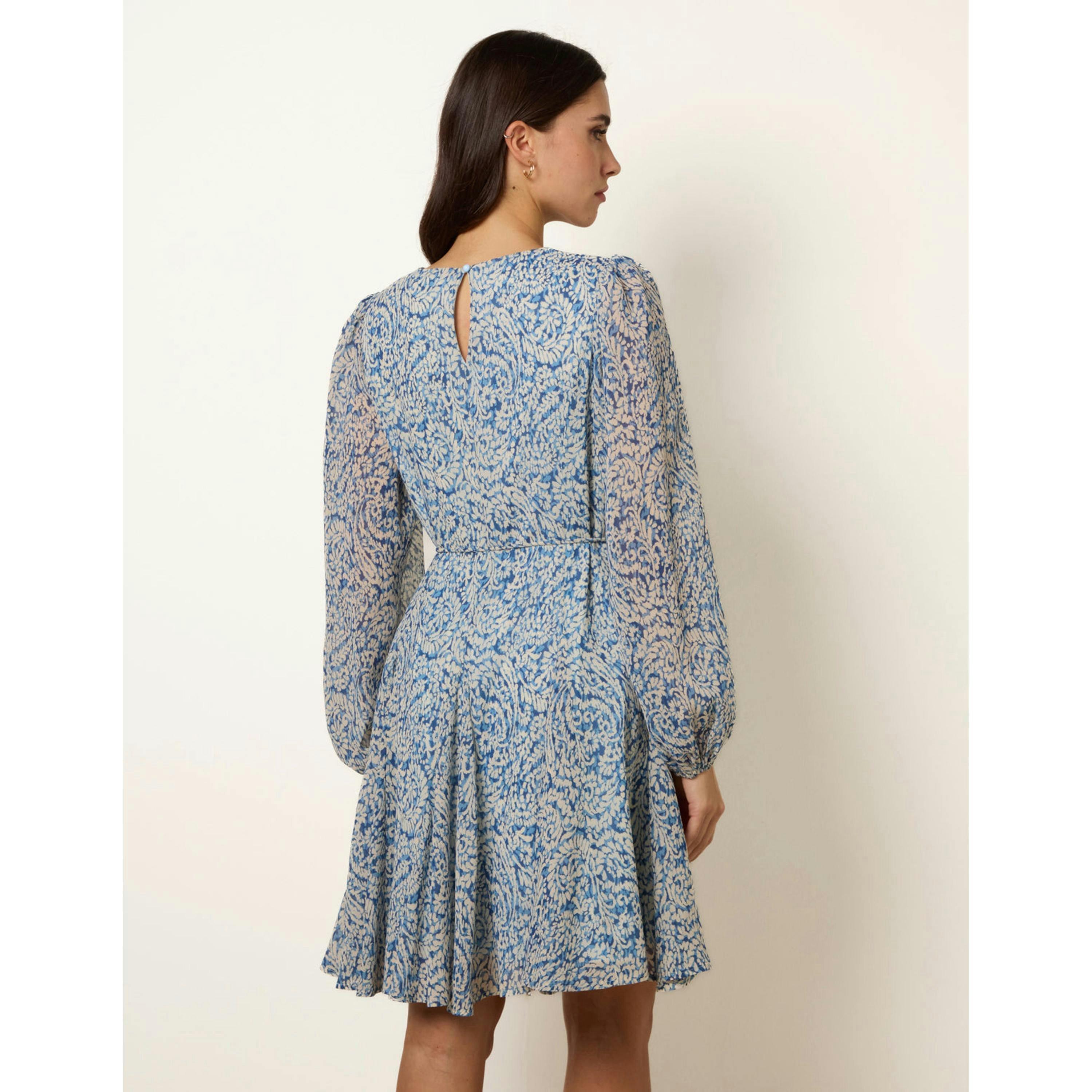 Blue Vanilla Puff Sleeve Godet Dress With Self Tie  in Blue , view 4 of 4