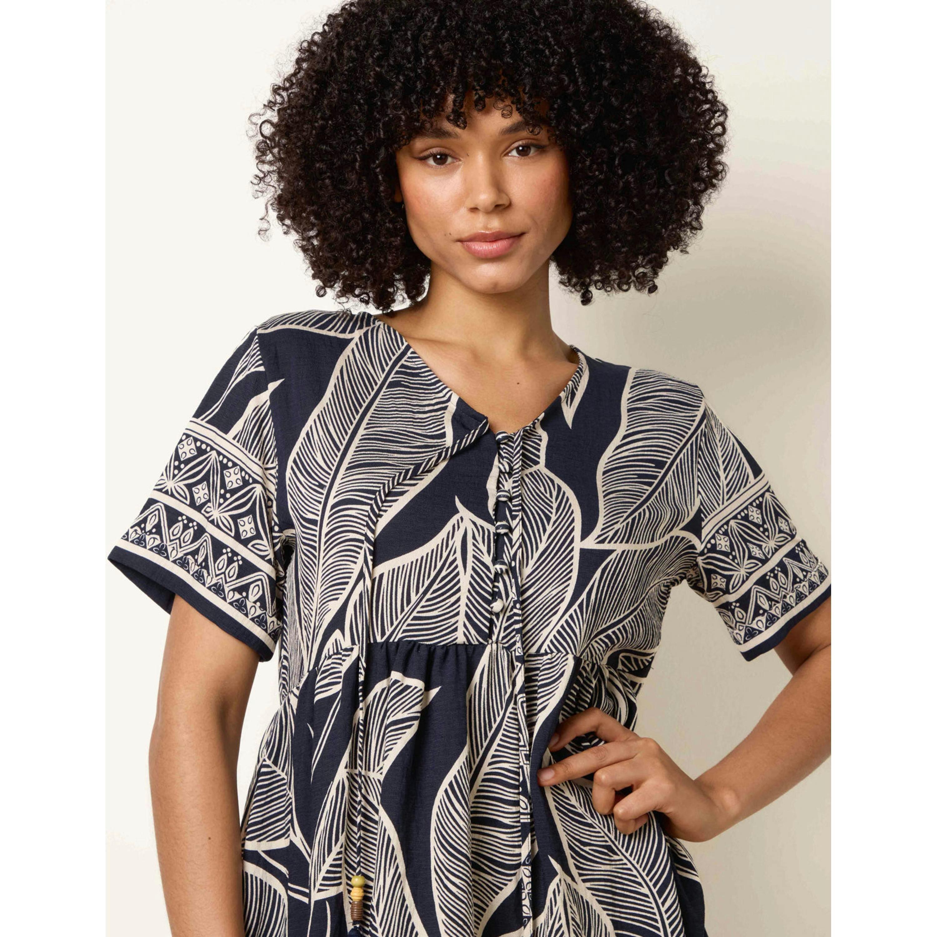 Blue Vanilla Dress With Tropical Leaf Print  in Navy , view 3 of 4