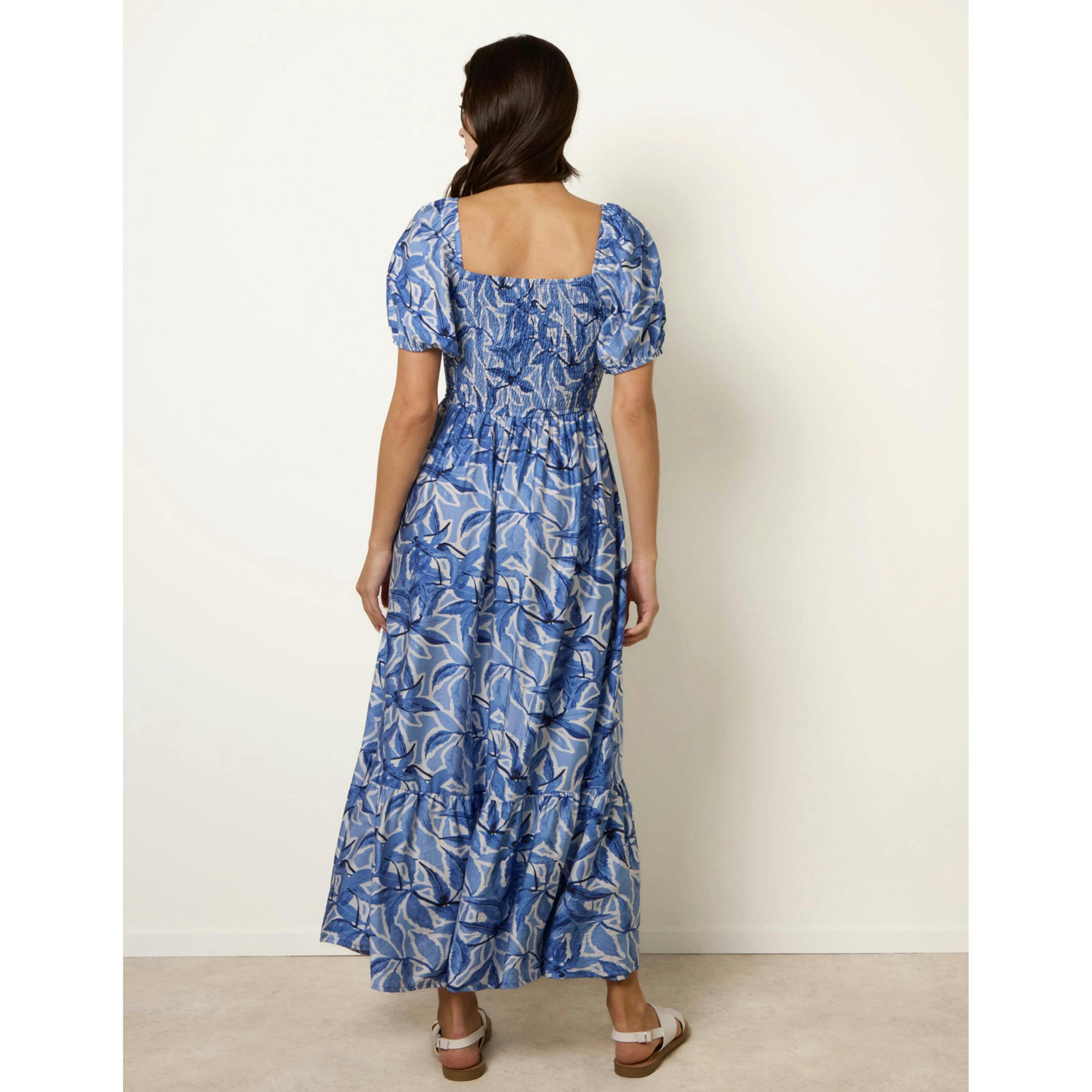 Blue Vanilla Large Floral Printed Square Neck Puff Sleeve Dress  in Blue , view 2 of 4