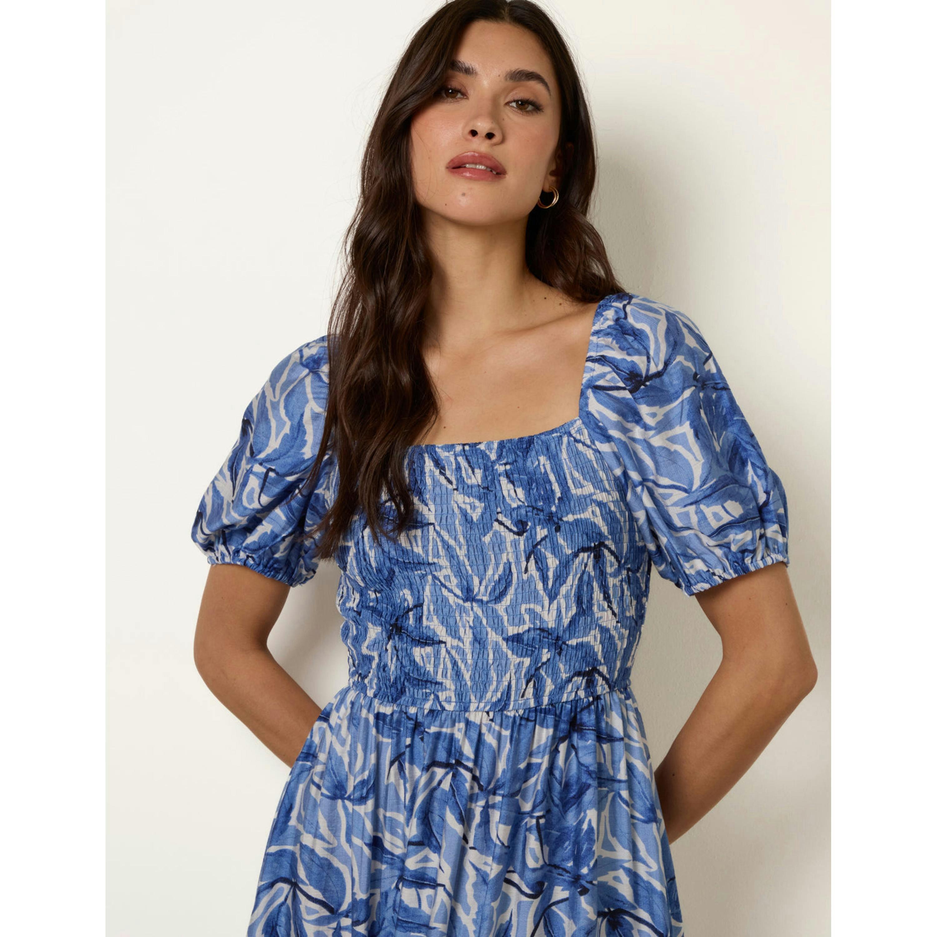 Blue Vanilla Large Floral Printed Square Neck Puff Sleeve Dress  in Blue , view 3 of 4