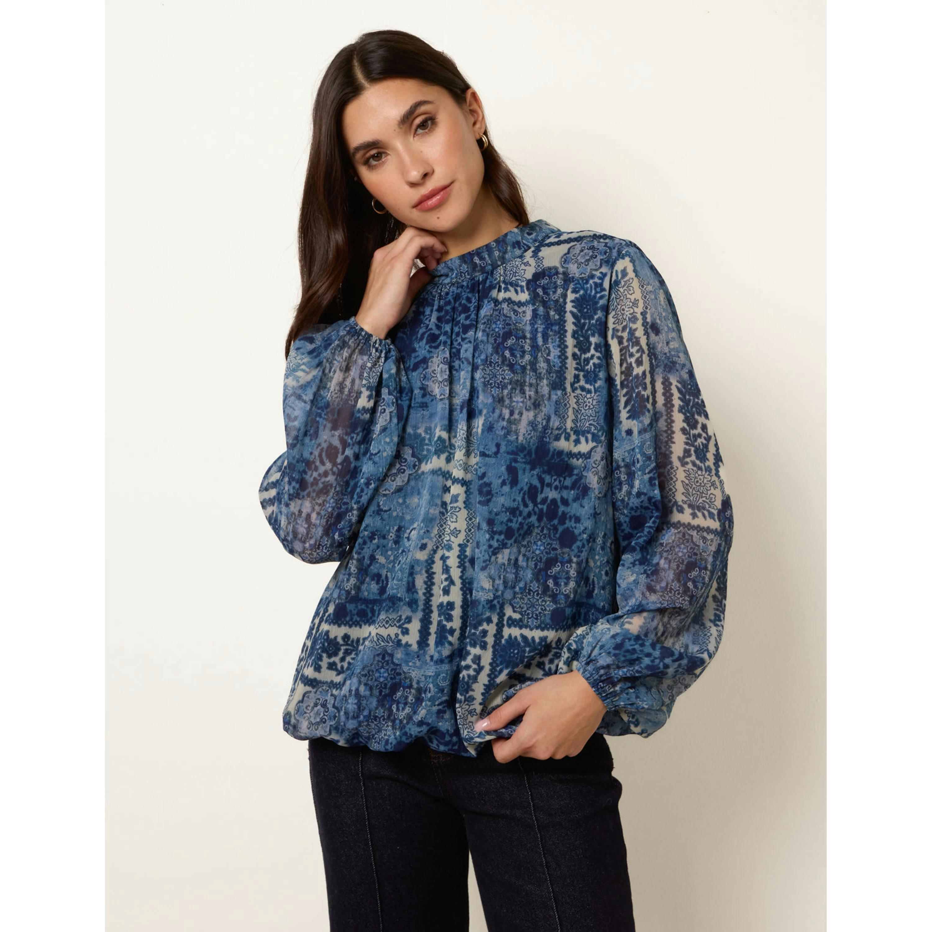 Blue Vanilla High Neck Paisley Print Puffball Top   in  Navy , view 1 of 4