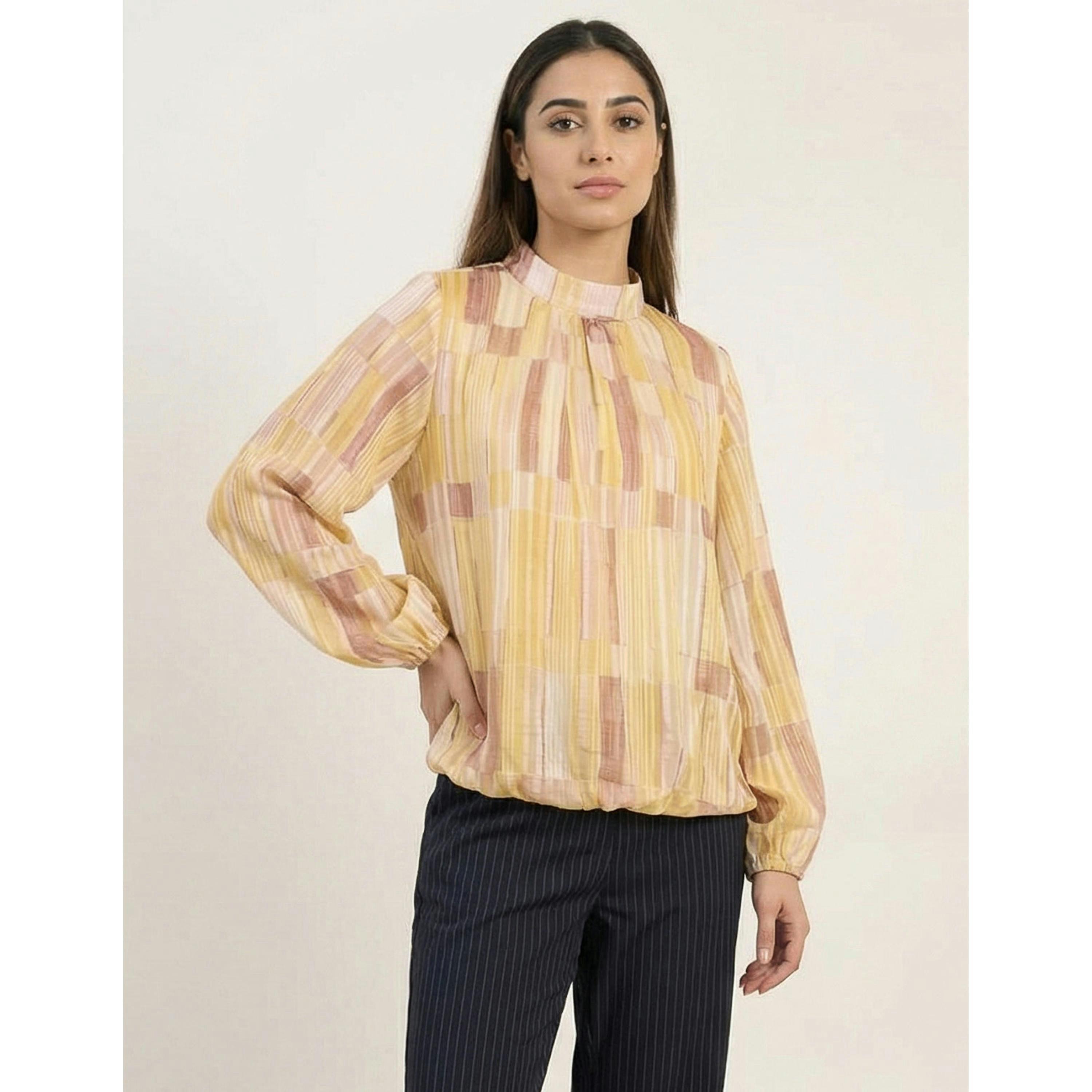 Blue Vanilla Tile Print Puffball Blouse With Metallic Detail   in  Yellow , view 1 of 4