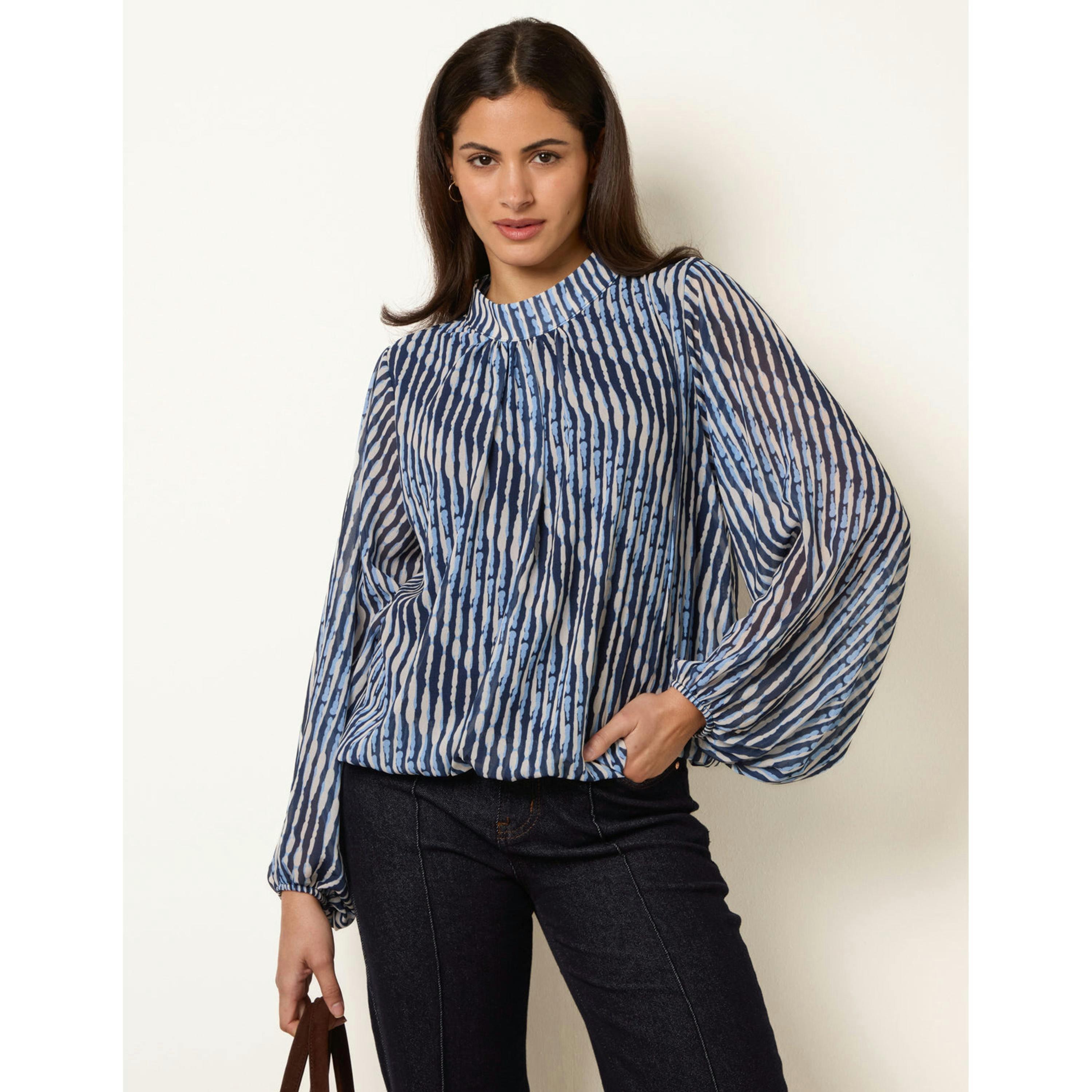 Blue Vanilla Printed High Neck Puffball Blouse   in  Navy , view 1 of 4