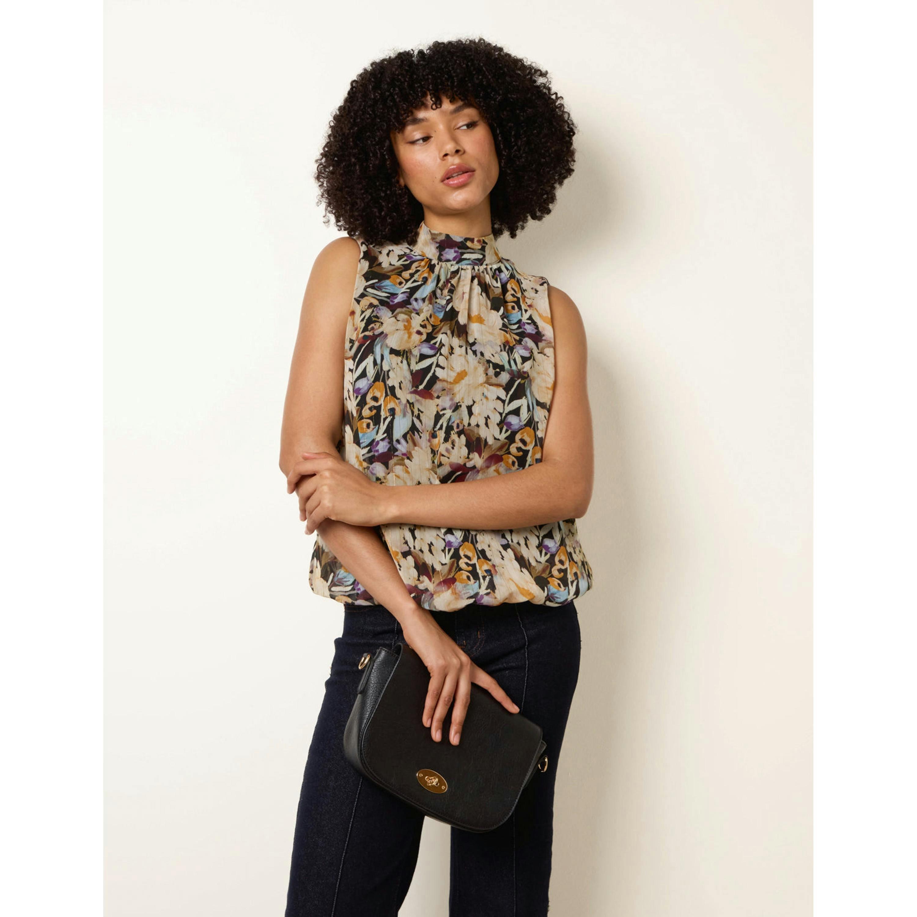 Blue Vanilla Sleeveless Watercolour Puff Hem Blouse   in  Black , view 1 of 4