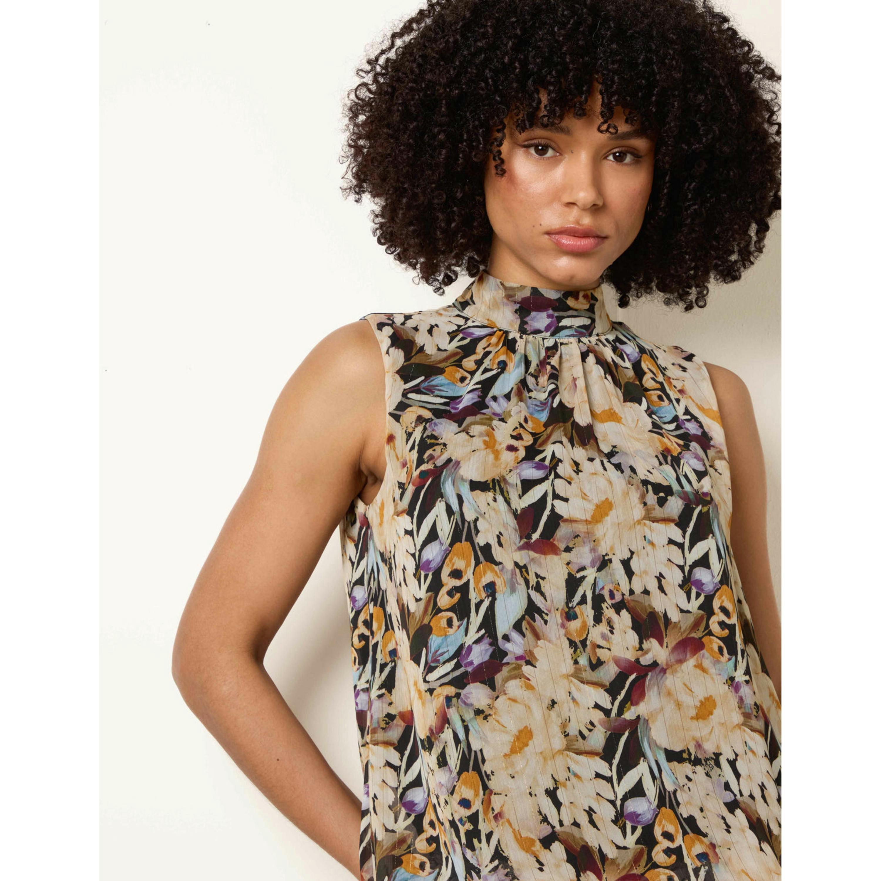 Blue Vanilla Sleeveless Watercolour Puff Hem Blouse  in Black , view 3 of 4