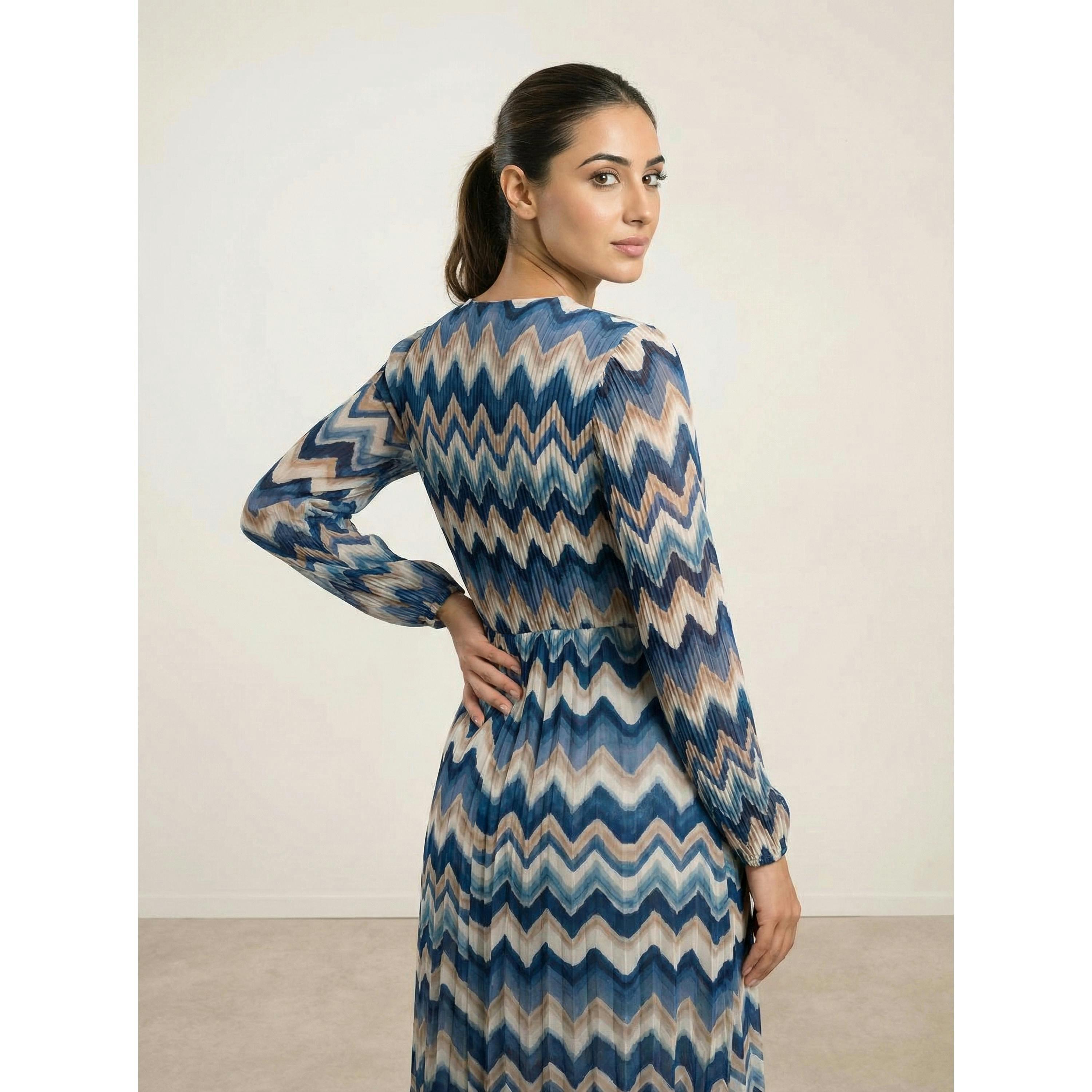 Blue Vanilla Pleated Zig Zag Print Dress   in  Blue , view 1 of 3