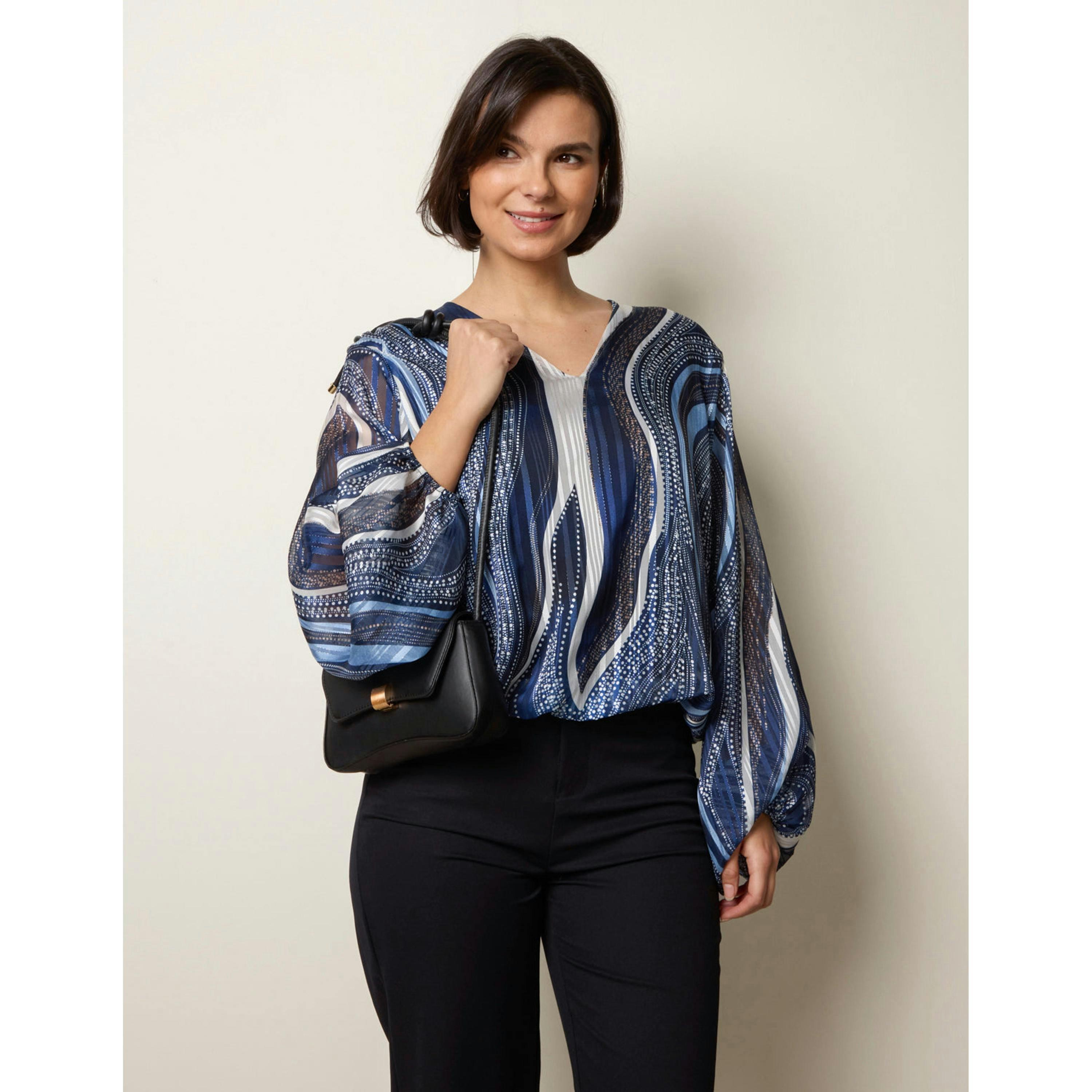 Blue Vanilla Swirl And Dot Print V Neck Lurex Blouse   in  Navy , view 1 of 4