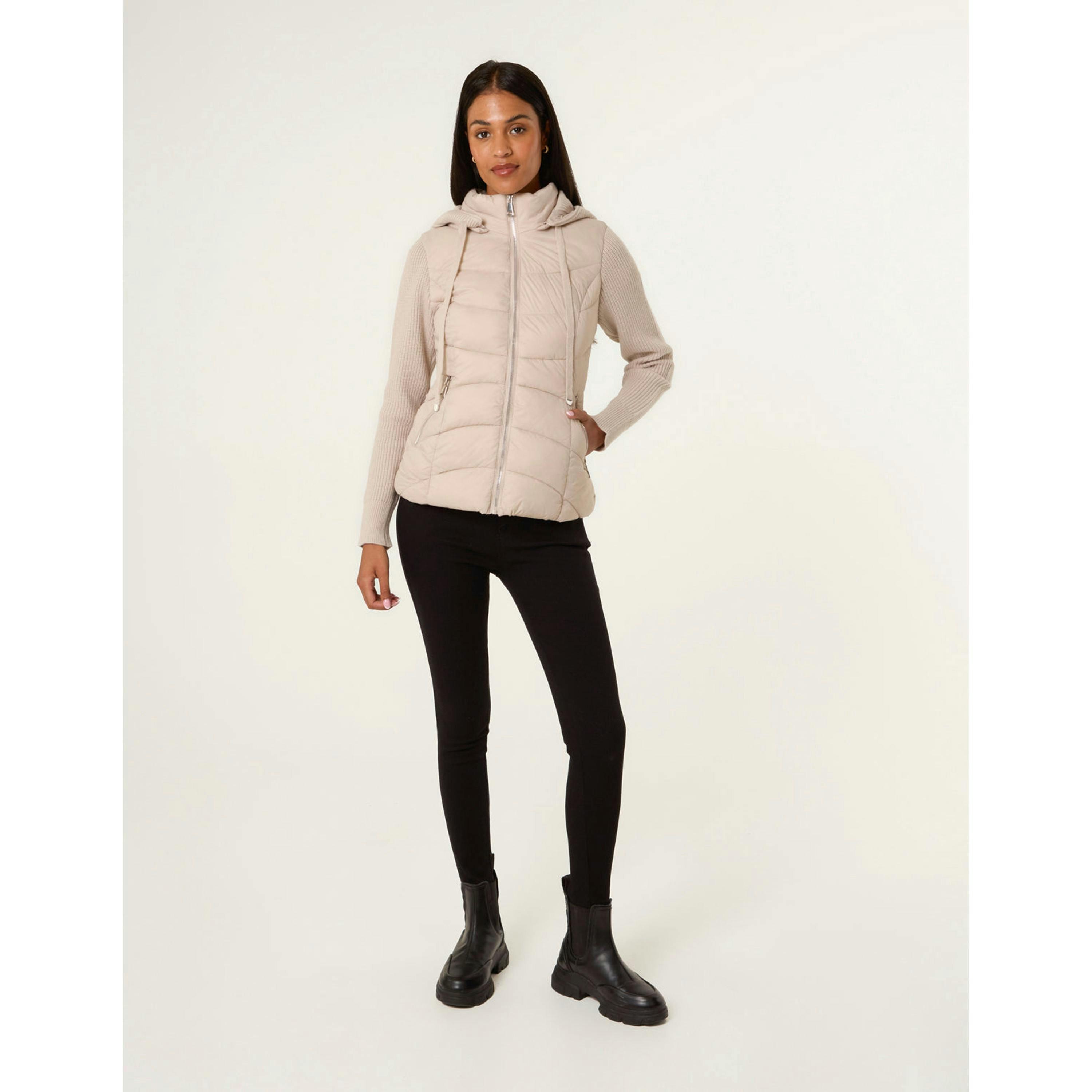 Blue Vanilla Knitted Sleeve Puffer Jacket  in Stone , view 3 of 4