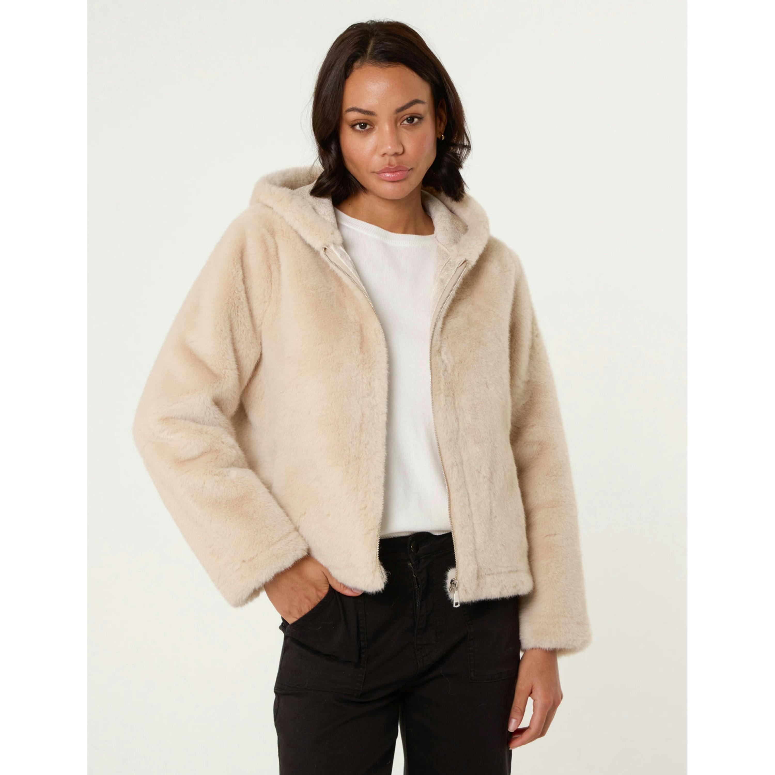 Blue Vanilla Faux Fur Hooded Jacket   in  Beige , view 1 of 4