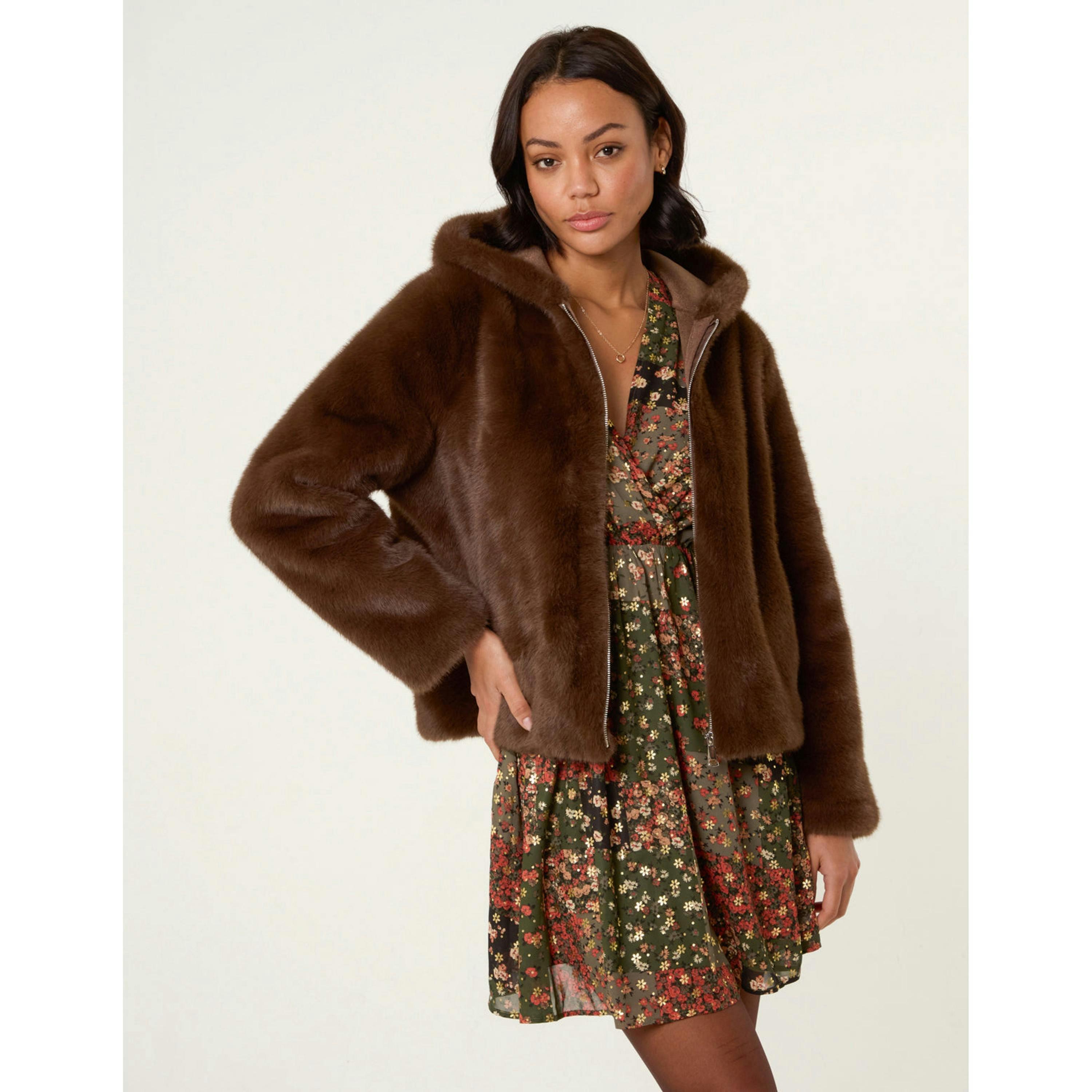 Blue Vanilla Faux Fur Hooded Jacket   in  Brown , view 1 of 4