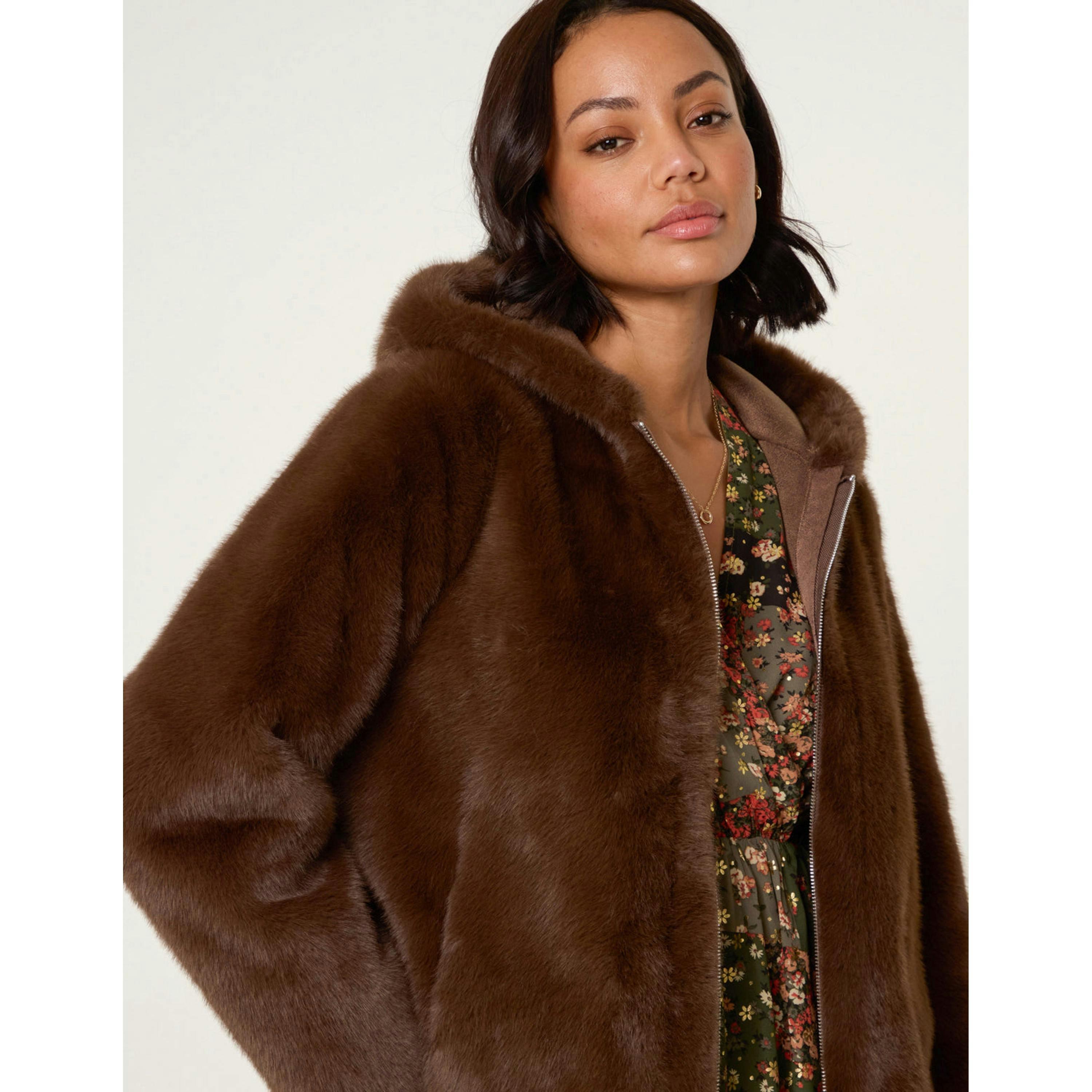Blue Vanilla Faux Fur Hooded Jacket  in Brown , view 3 of 4