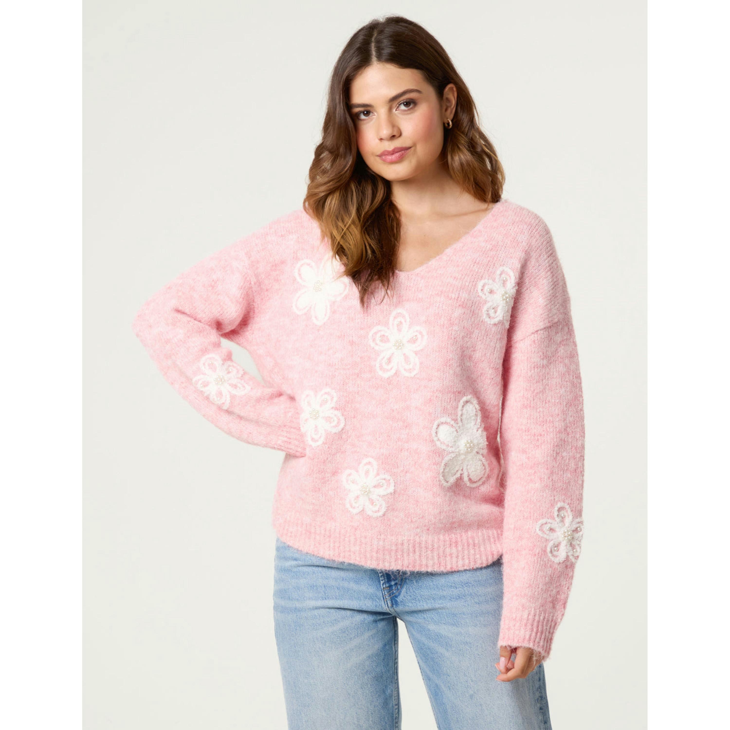 Blue Vanilla V Neck Flower And Pearl Jumper   in  Pink , view 1 of 5