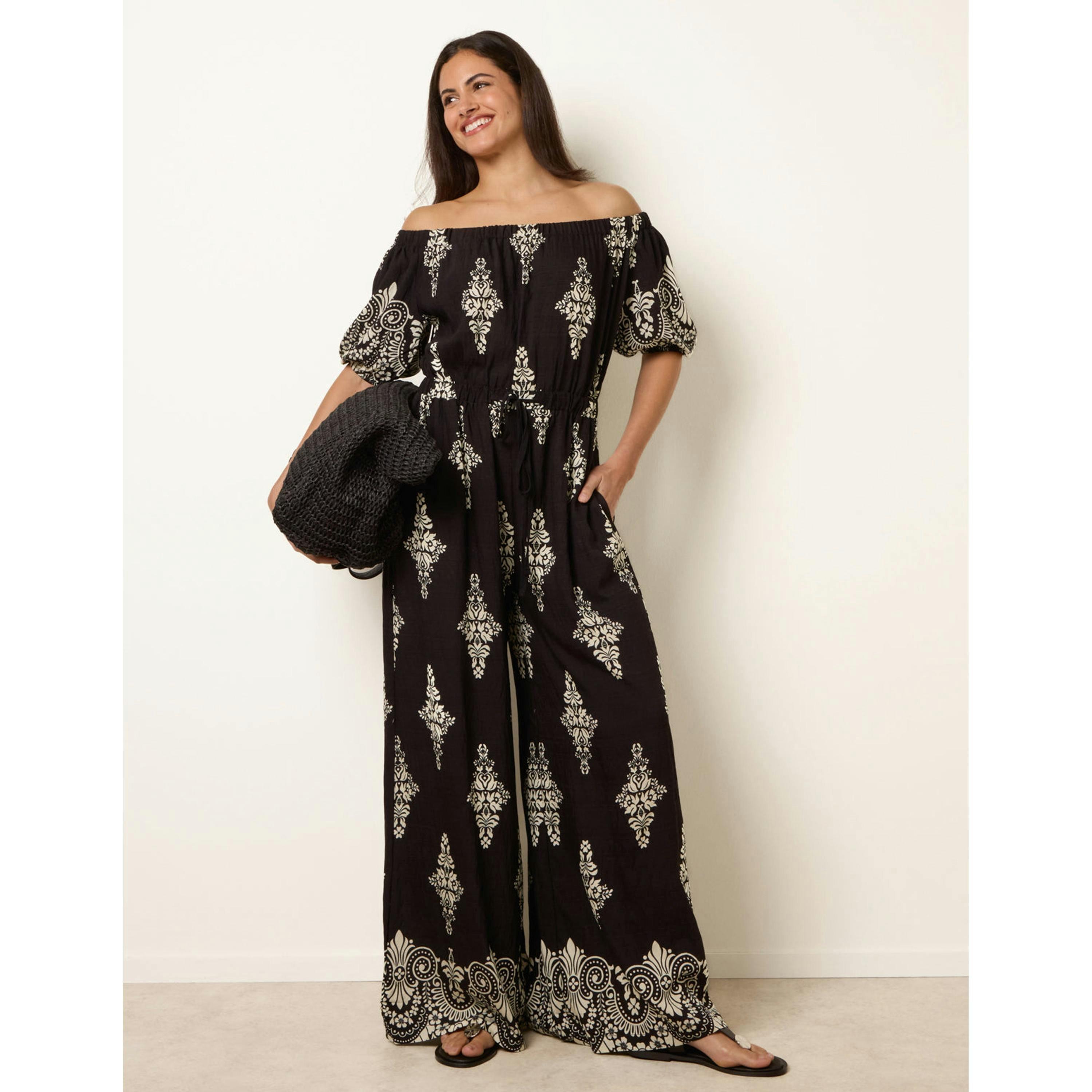 Blue Vanilla Printed Off Shoulder Jumpsuit   in  Black , view 1 of 4