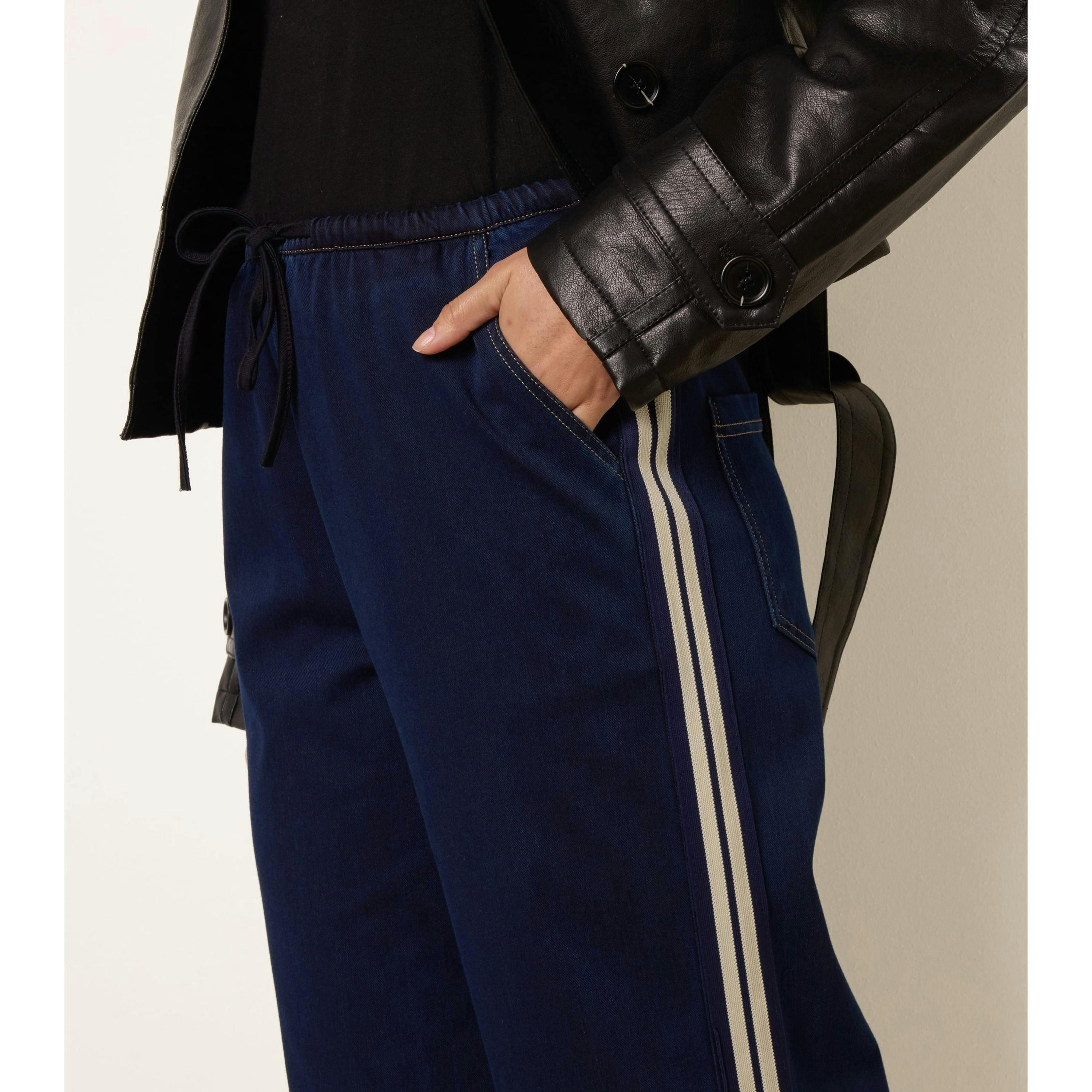 Blue Vanilla Stripe Trousers With Elasticated Waist  in Navy , view 3 of 4