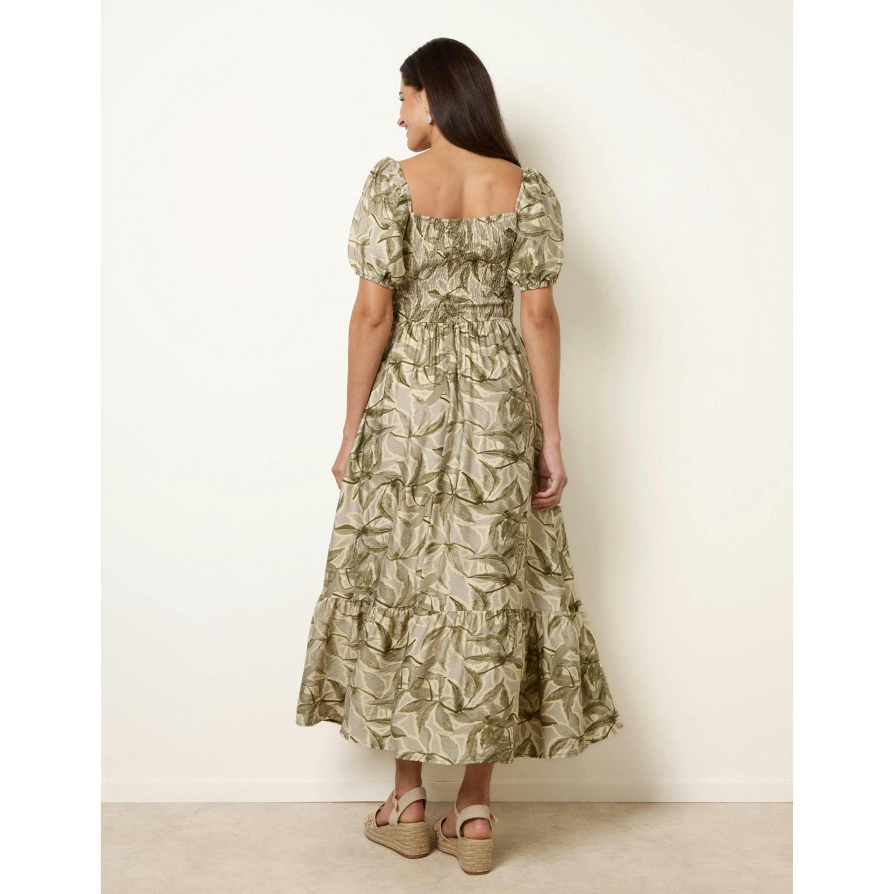 Blue Vanilla Large Floral Printed Square Neck Puff Sleeve Dress   in  Green , view 1 of 4