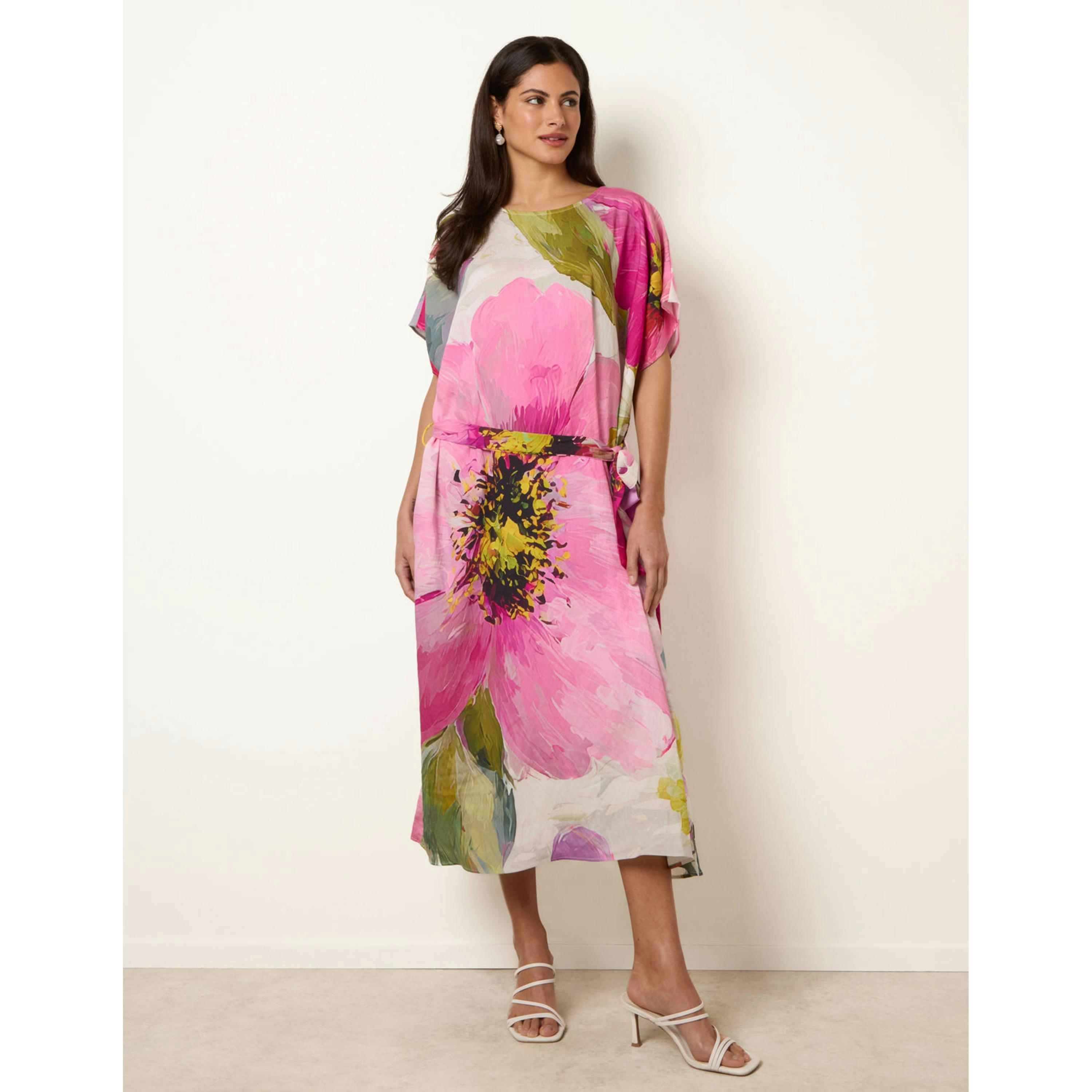 Blue Vanilla Painterly Floral Tie Waist Midi Dress   in  Pink , view 1 of 4