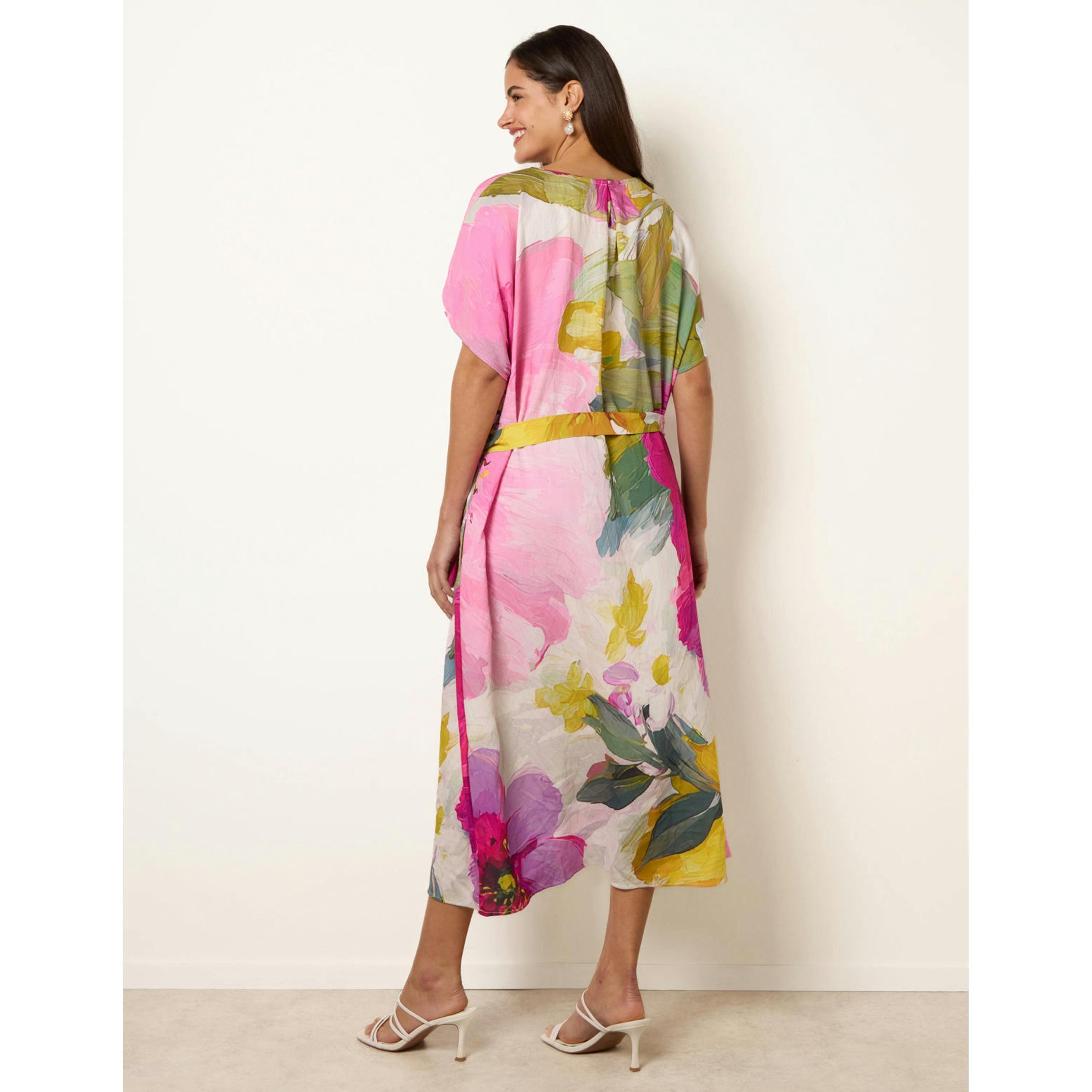Blue Vanilla Painterly Floral Tie Waist Midi Dress  in Pink , view 2 of 4
