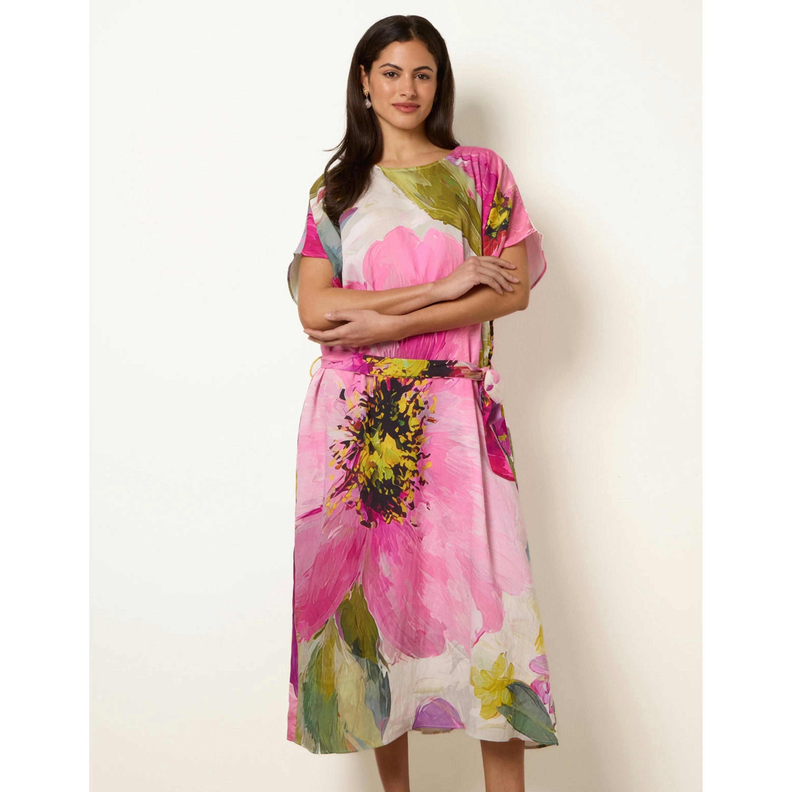 Blue Vanilla Painterly Floral Tie Waist Midi Dress  in Pink , view 3 of 4
