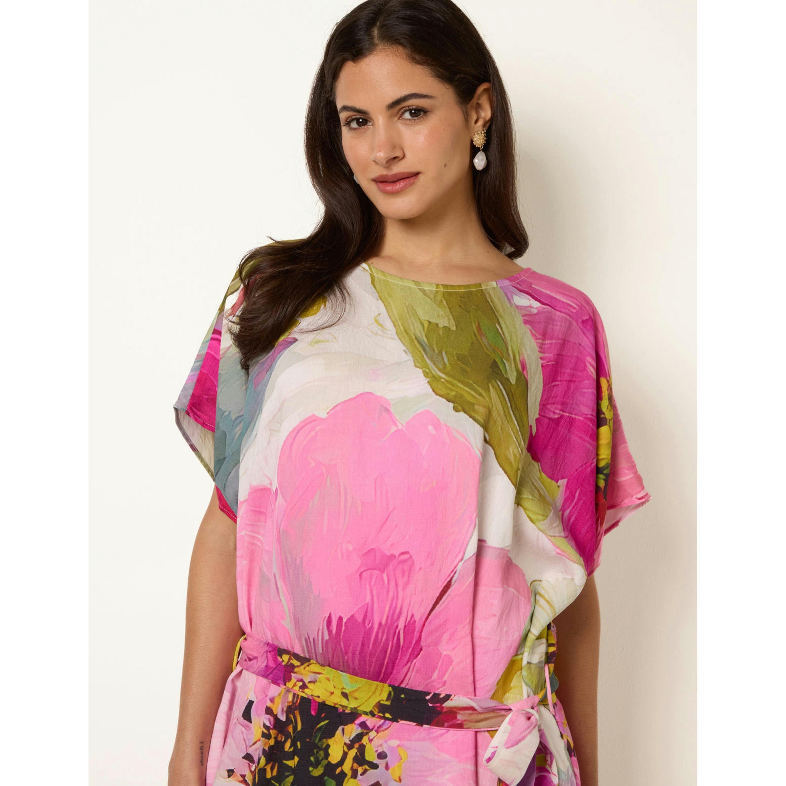 Blue Vanilla Painterly Floral Tie Waist Midi Dress  in Pink , view 4 of 4